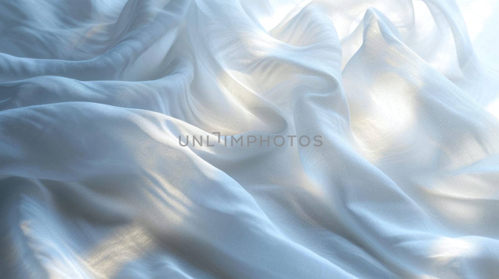 The abstract picture of the wavy blue fabric satin flexible clean cloth of the curtain that waving around under the light in the blank background of the bright room in the daytime of the day. AIGX01.
