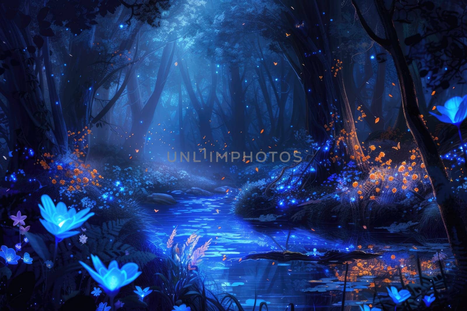 An enchanted forest at night, with glowing flowers, a sparkling river, and mystical creatures lurking in the shadows. Resplendent.