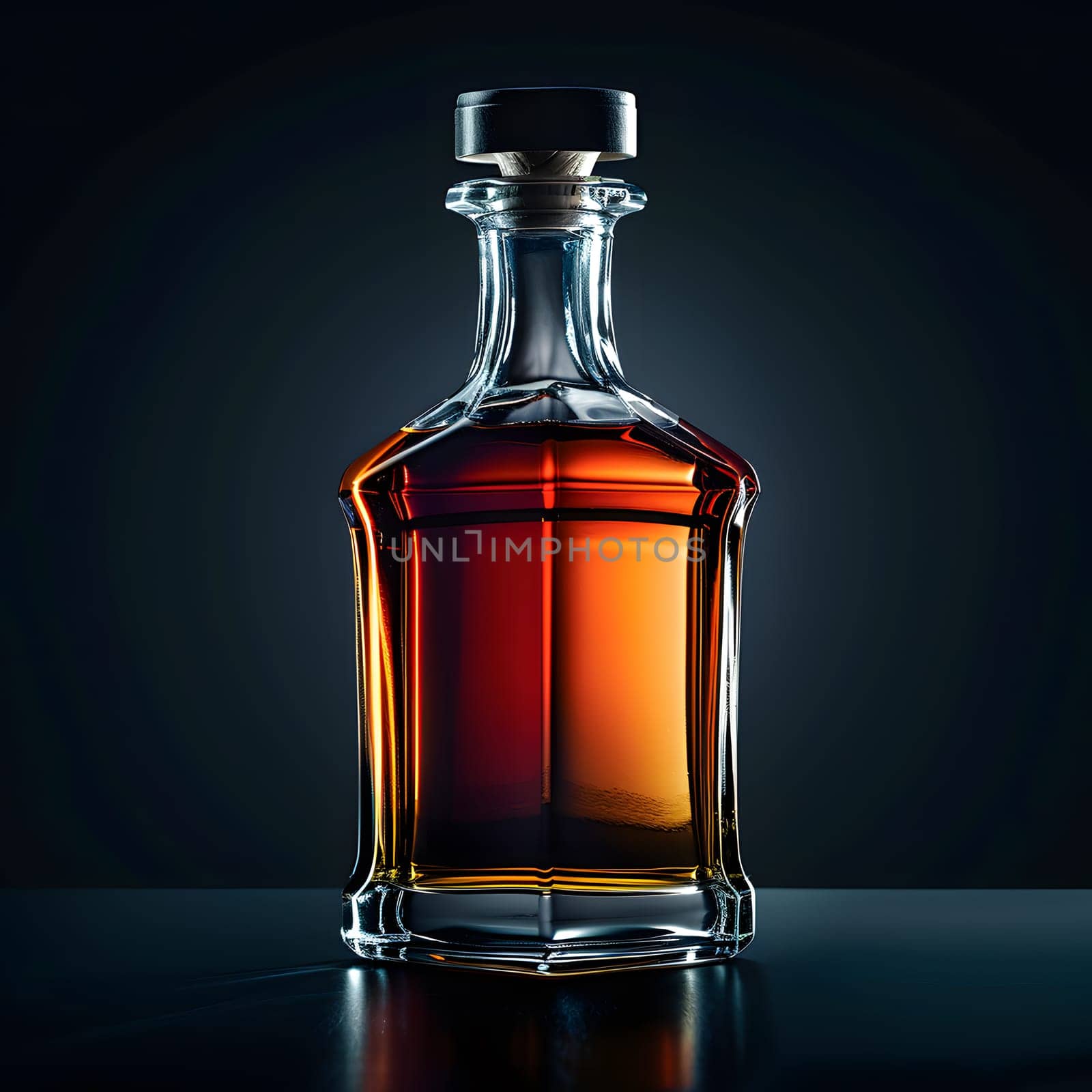 An amber glass bottle of whiskey is placed on a table, containing the alcoholic beverage inside. The liquid solution is a fluid drink in the bottle