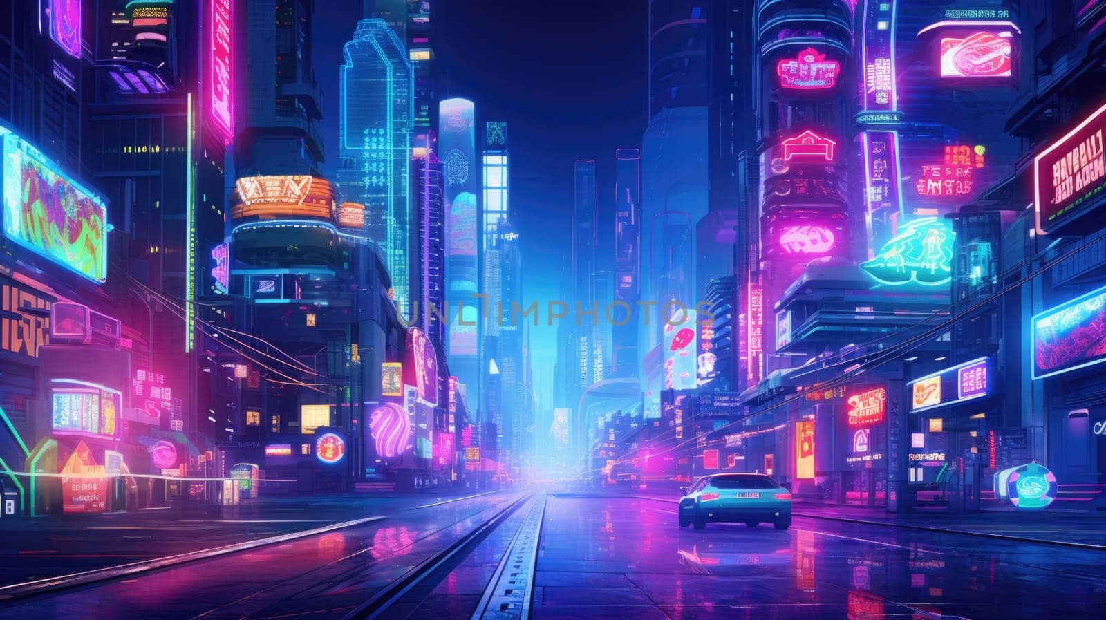 The picture of the neon night time futuristic cyberpunk scifi metropolis yet bright with neon light that fill everywhere of metropolis and fill with tall building and long roadway at night. AIGX01.