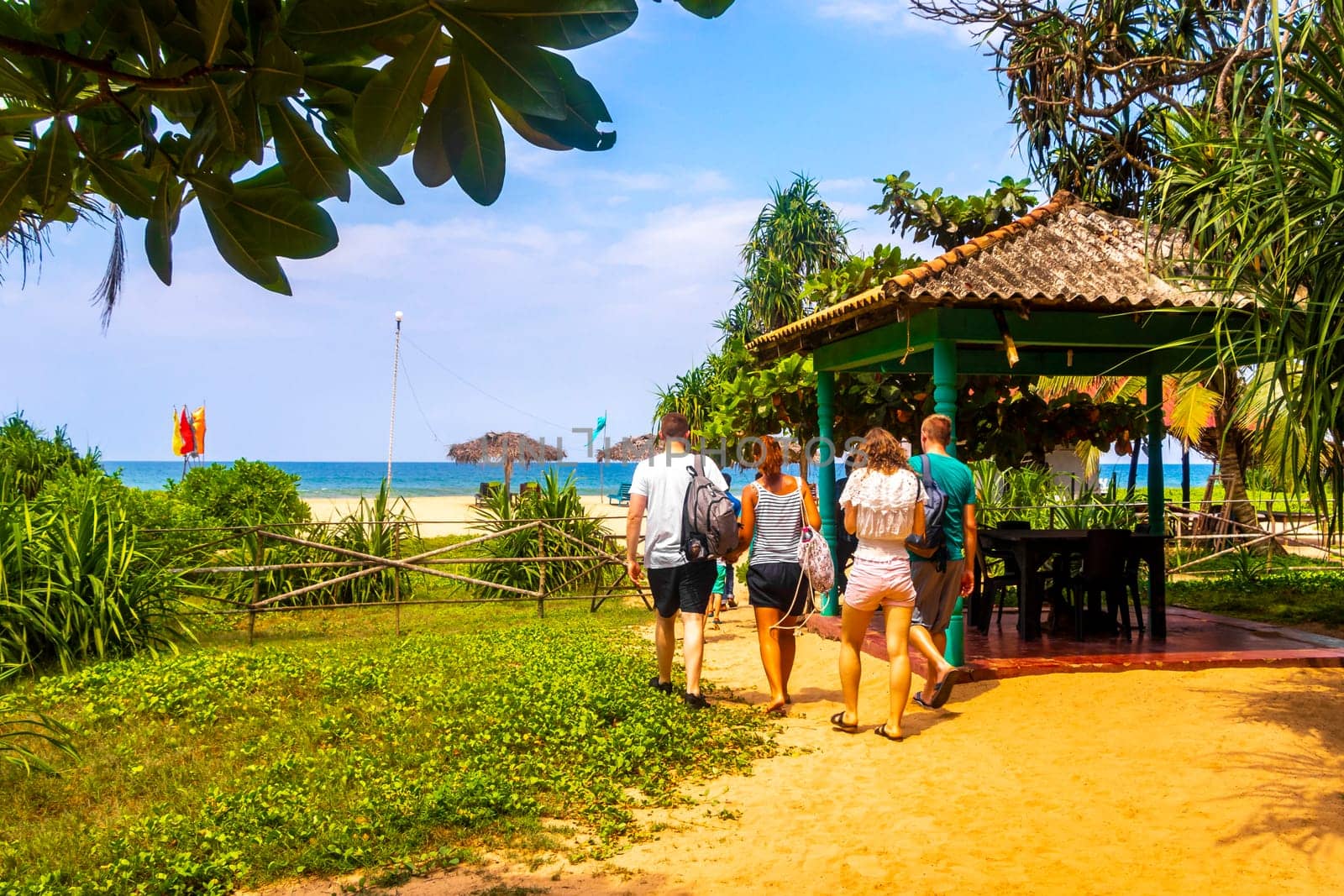 Beautiful beach with tropical nature sand water waves people fun parasols and sun loungers in Bentota Beach on Sri Lanka island.