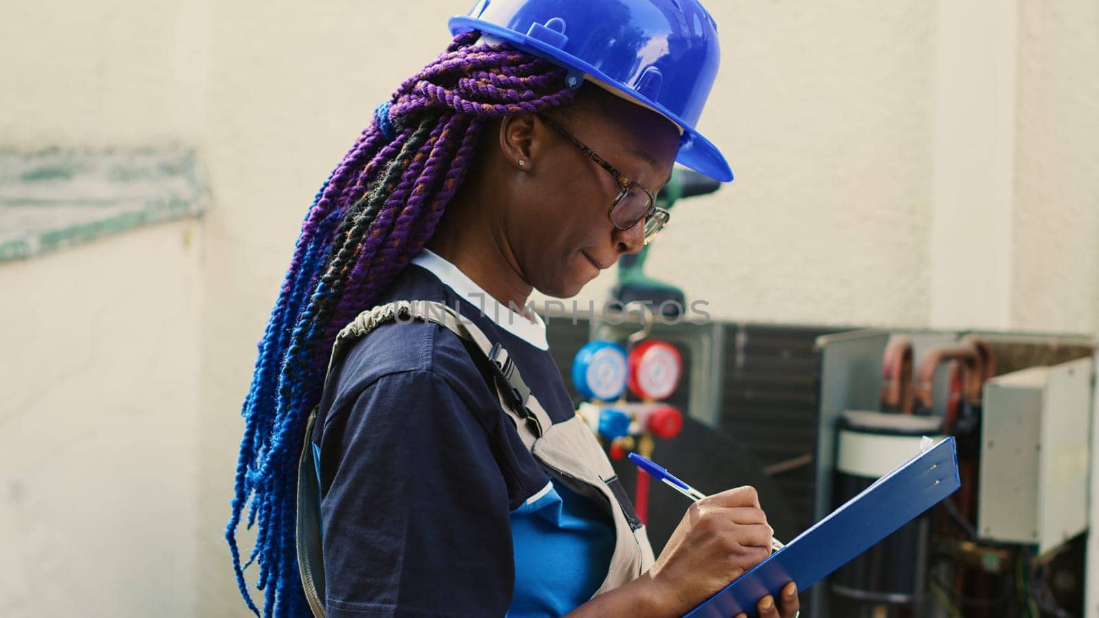 Upbeat african american technician commissioned for outside HVAC system annual maintenance, looking for broken internal parts. Skilled wireman doing condenser inspection, writing report on clipboard