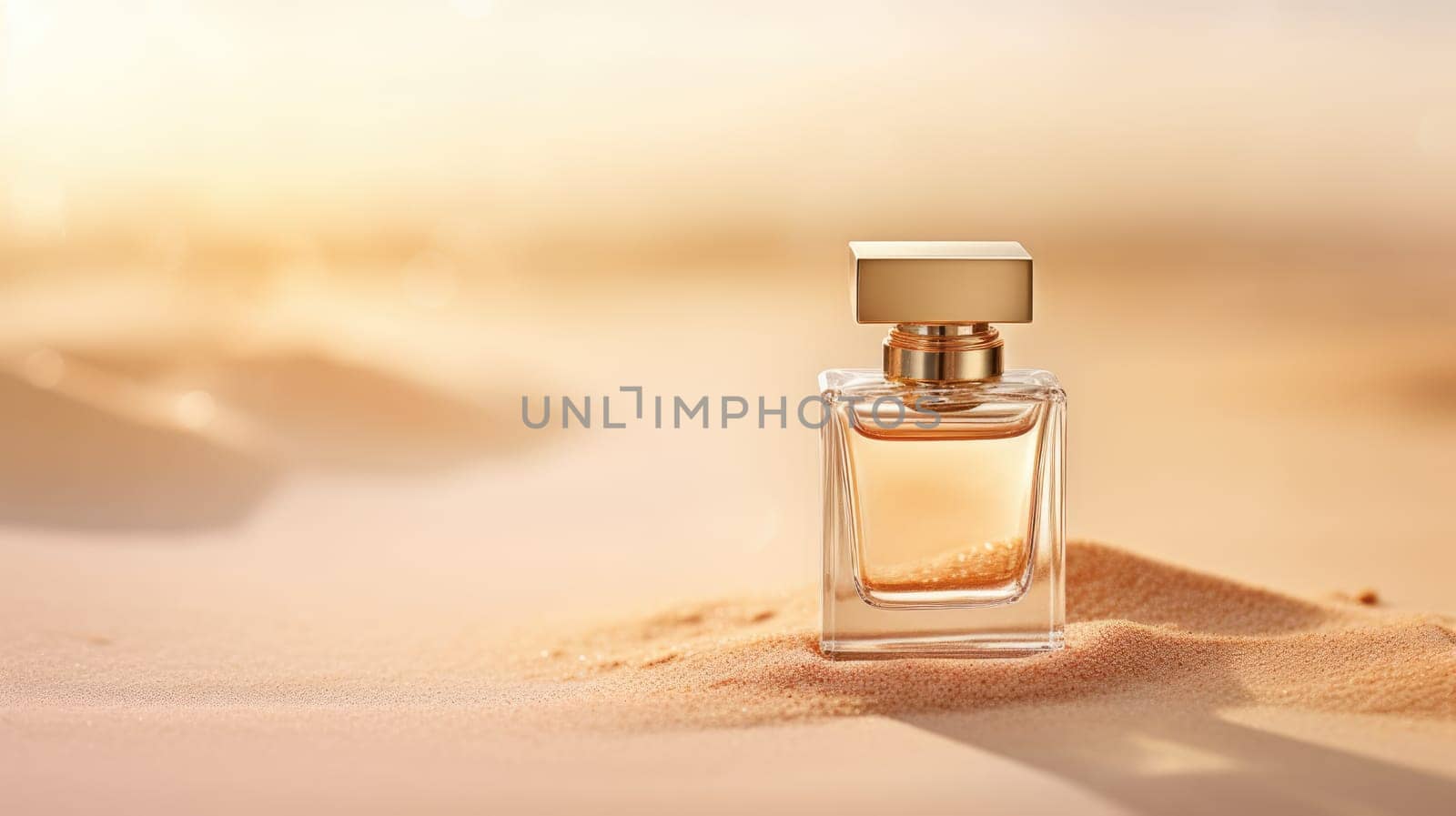 Transparent brown glass perfume bottle mockup with sandy background. Eau de toilette. Mockup, spring flat lay. by JuliaDorian