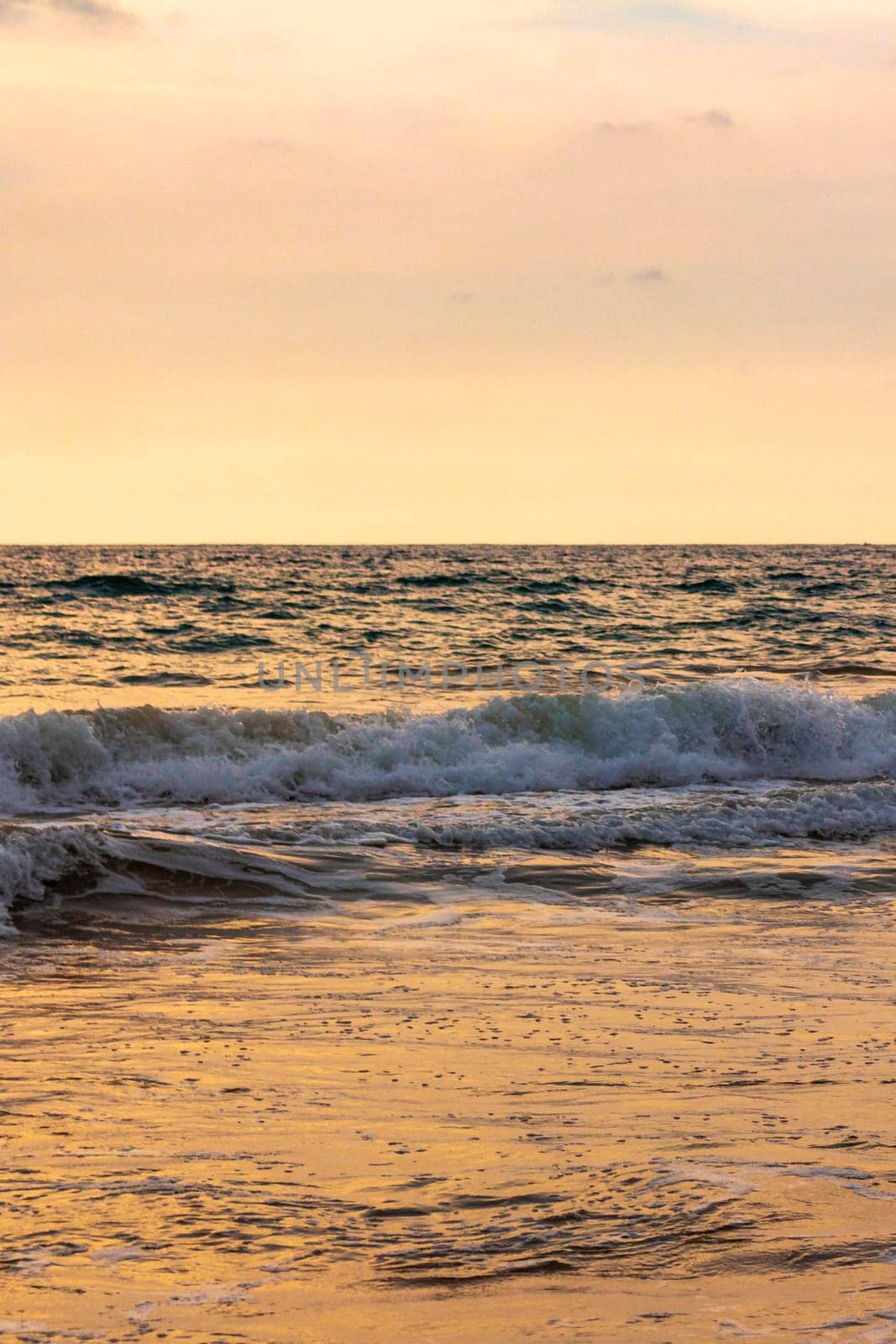 Beautiful sunny landscape panorama with huge powerful waves and clear water in Bentota Beach Galle District Southern Province Sri Lanka island.