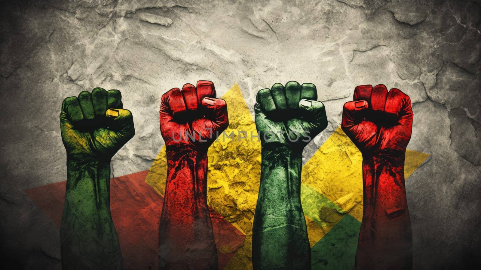 Raised fists drawing on stone wall in the colors yellow, green, and red. Juneteenth Freedom and African liberation day. Black life matters. Black history month. by JuliaDorian