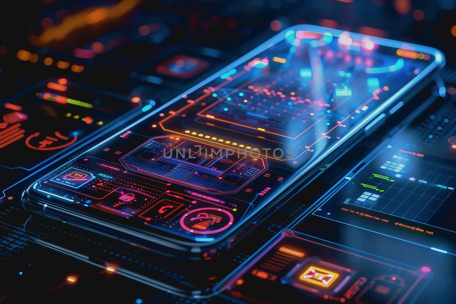 smartphone a transparent display shows user interface components, UX, UI, futuristic technology