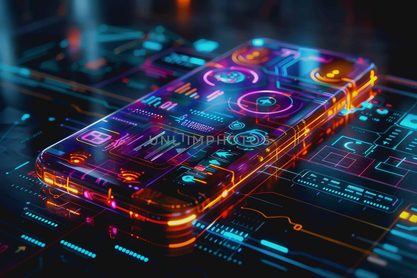 smartphone a transparent display shows user interface components, UX, UI, futuristic technology
