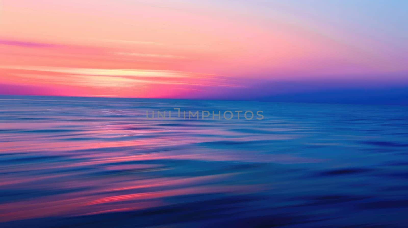 A dreamy, blurry photo capturing the red sky at morning above the ocean. The sun is setting, painting the sky in shades of orange and red, creating a beautiful natural landscape AIG50