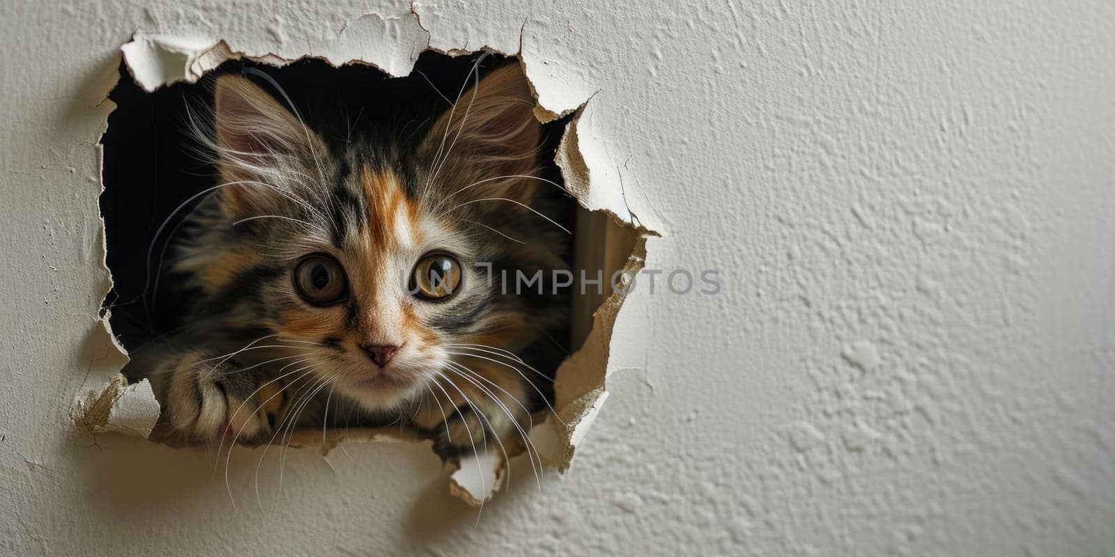 Close up view picture of the hollow white hole on the the wall that show the cat stay inside the wall that has been made from some material yet still can be break to look through other side. AIGX03.