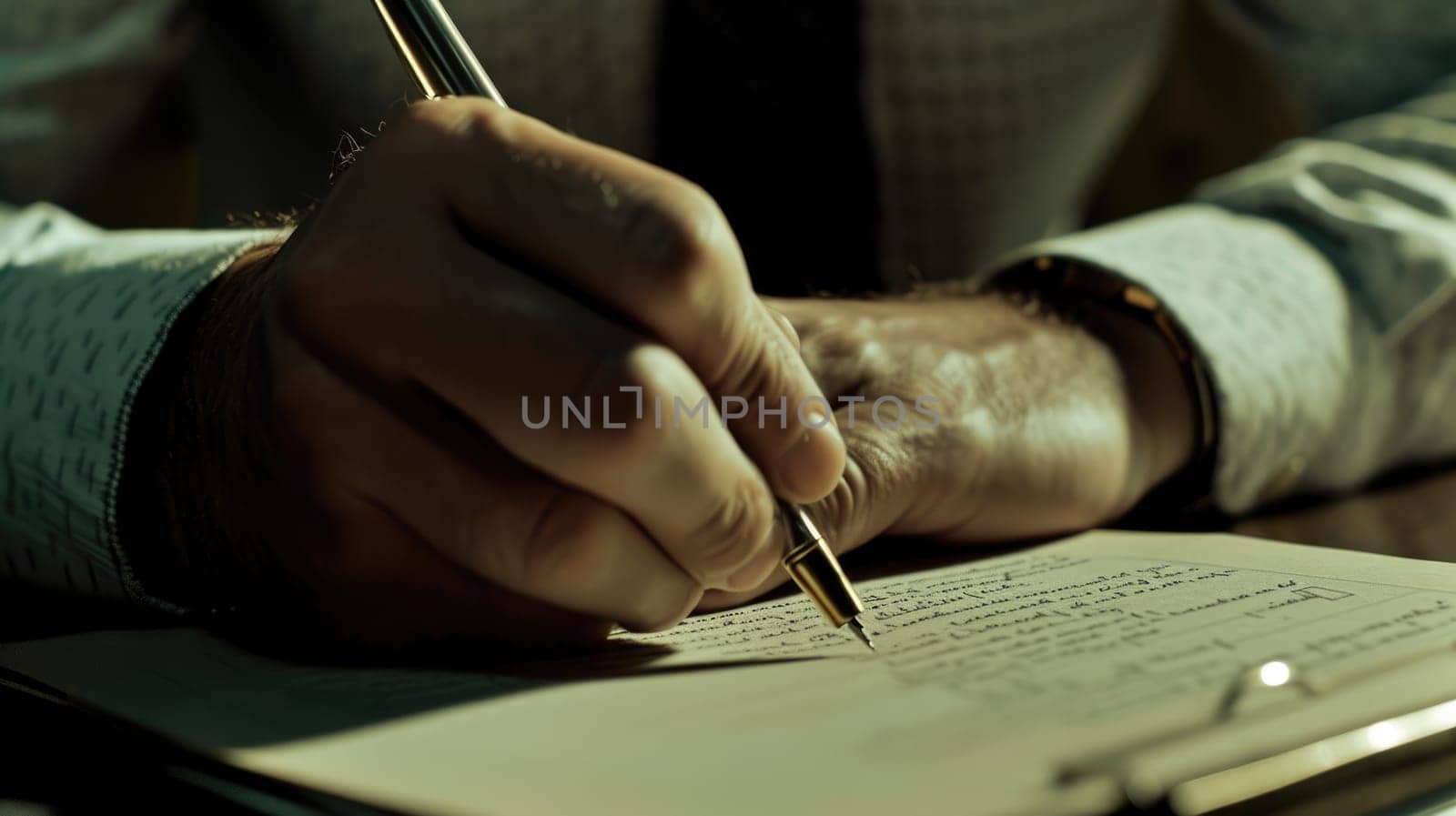 Close up of professional business man hands writing a note at table. Project manager holding a pen and making a contract while wearing formal suit at modern office with blurring background. AIG42.
