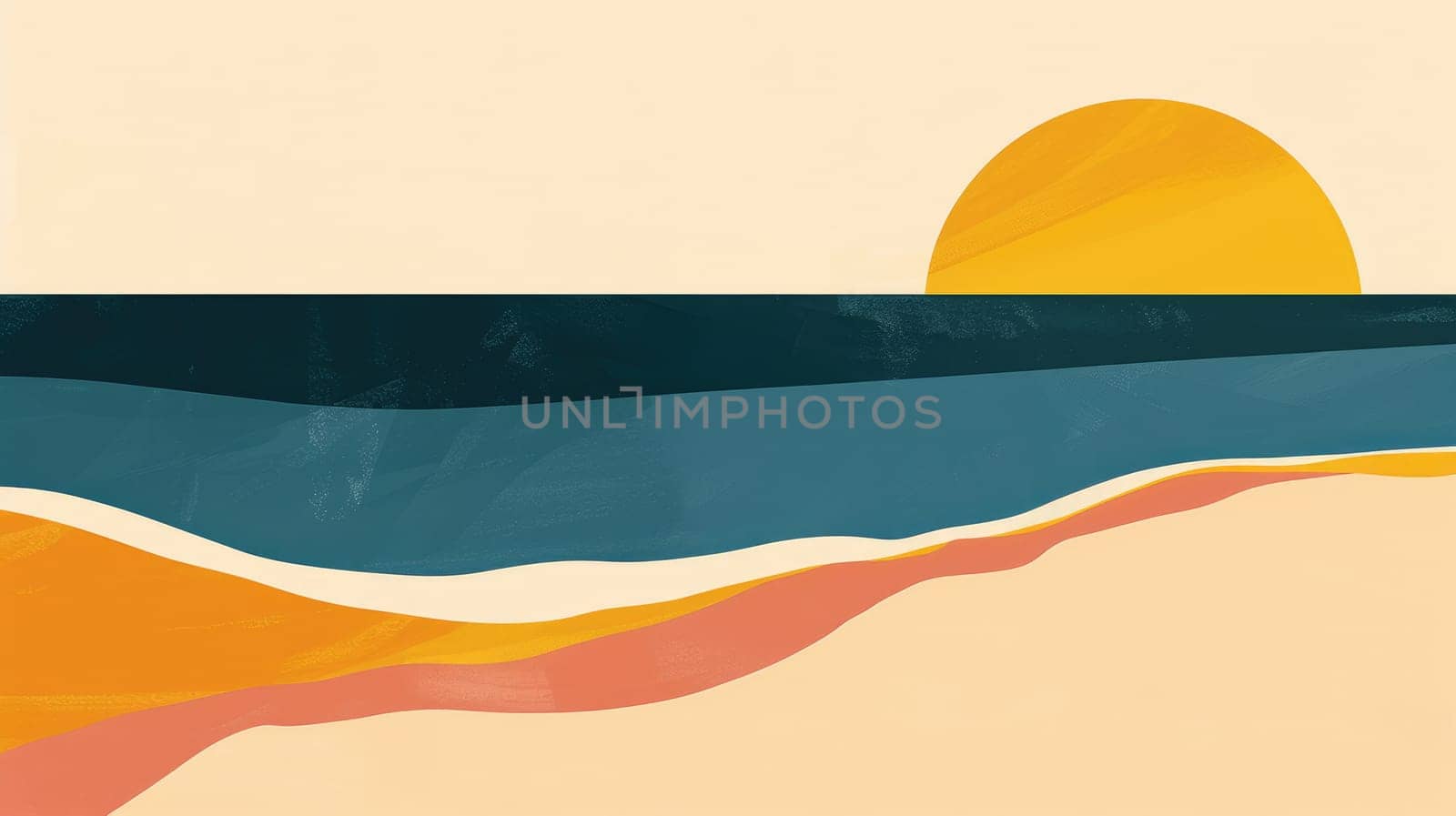 A vibrant painting of a mountain landscape with the sun in the background, featuring electric blue and magenta hues in a rectangular format AIG50