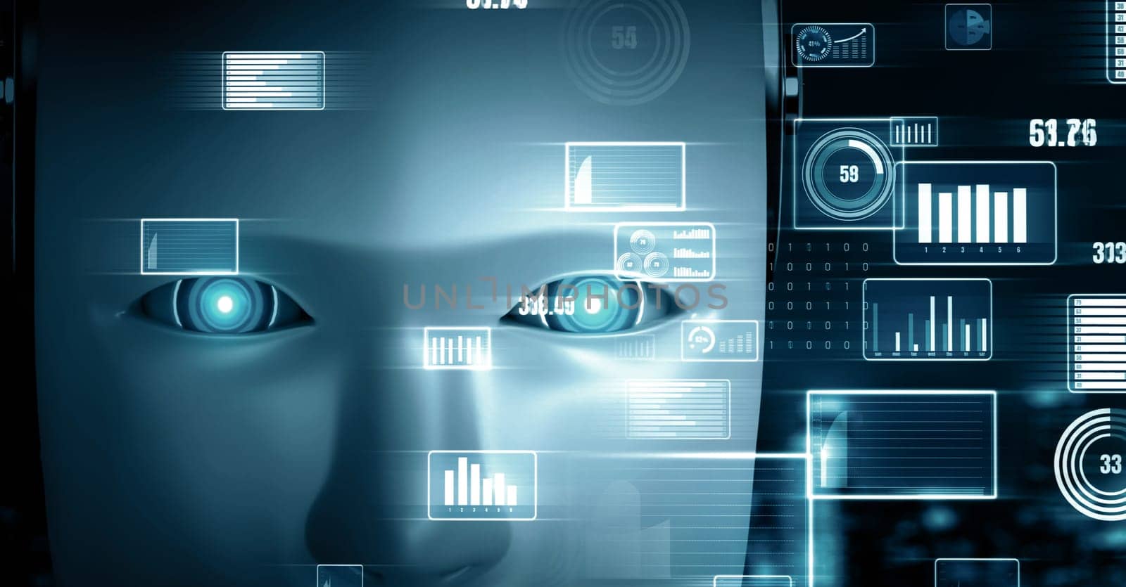 MLP 3d illustration Future financial technology controll by AI robot huminoid uses machine learning and artificial intelligence to analyze business data and give advice on investment and trading decision. 3D rendering.
