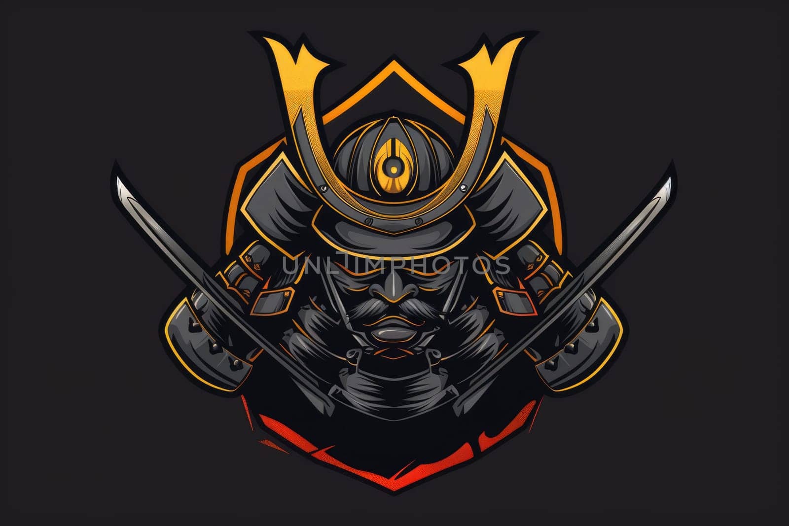 A samurai warrior with a black and gold helmet and two katanas. AIG51A.