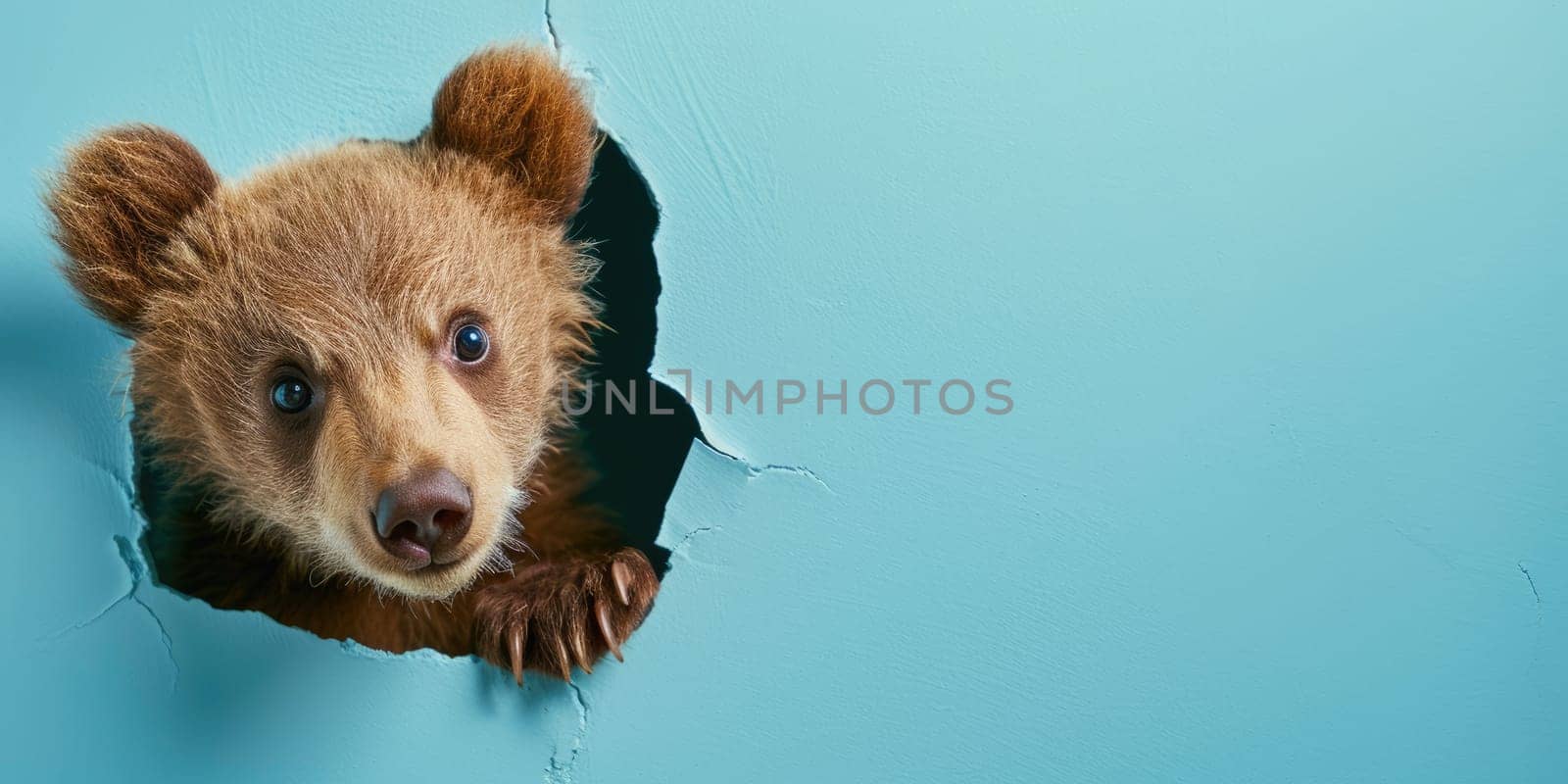 Close up view picture of the hollow blue hole on the the wall that show the bear stay inside the wall that has been made from some material yet still can be break to look through other side. AIGX03.