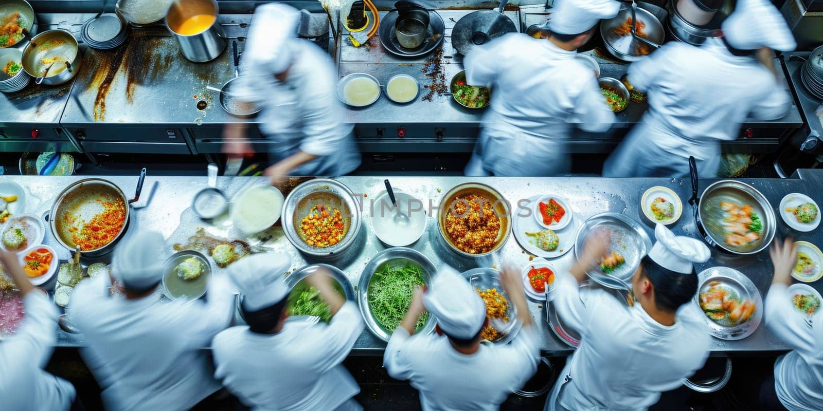 Professional chefs in white uniforms are intensely preparing and plating dishes in the fast-paced environment of a commercial restaurant kitchen. Resplendent.