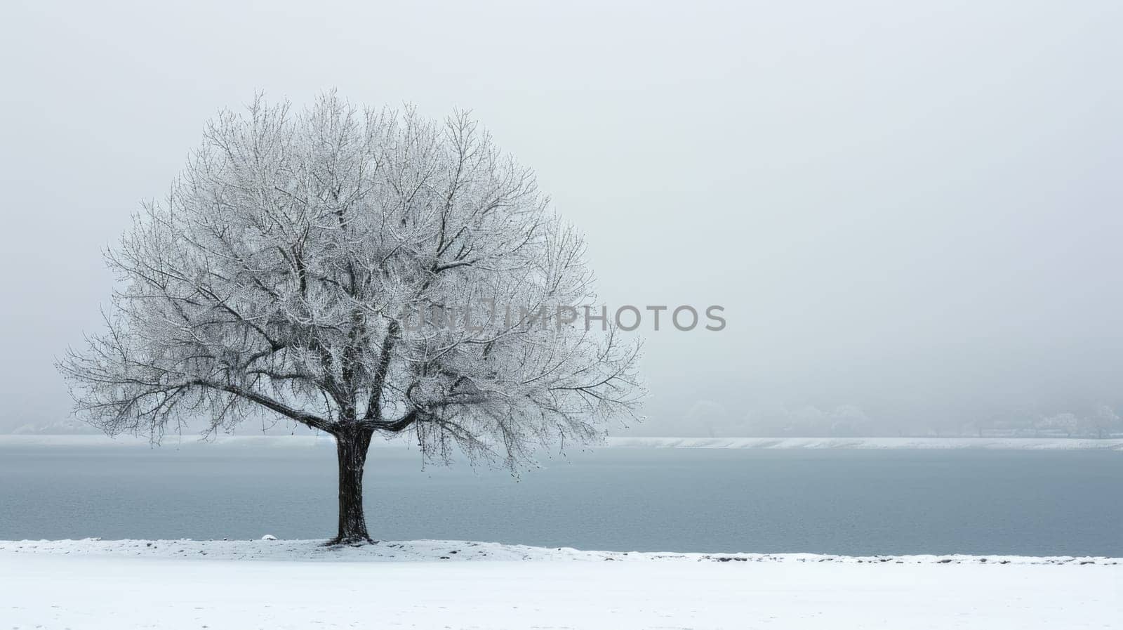 The picture of the single tree that has been covered with white snow in the middle of the empty snow land in the winter season and light from the sun can make everything bright clear on land. AIGX03.