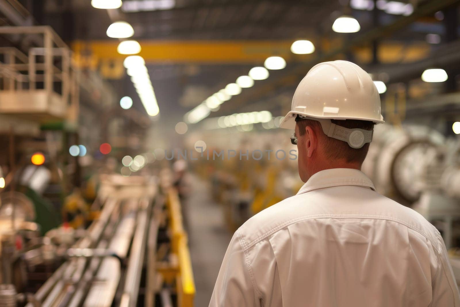 Smart civil engineer with safety helmet looking at production line while standing in front of factory. Professional supervisor or project manager or foreman checking and inspecting machine. AIG42.
