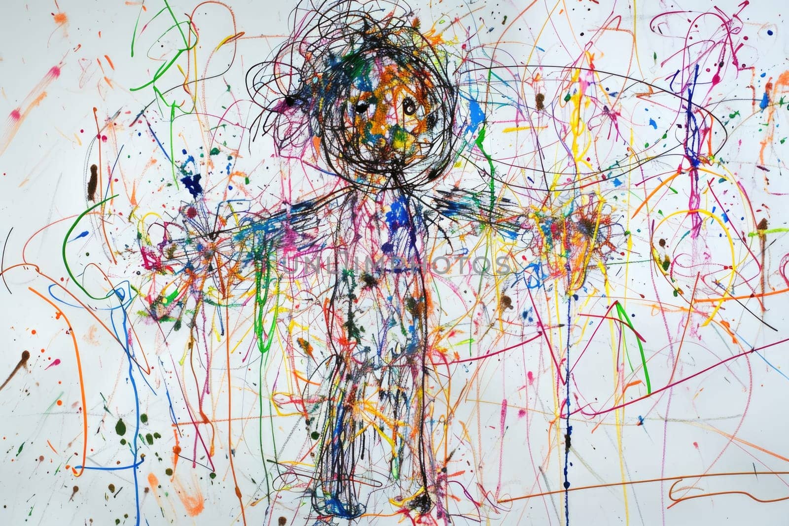 The hand drawing colourful picture of the human that has been drawn by colored pencil, crayon or chalk on the white blank background that seem to be drawn by the child that willing to draw. AIGX01.
