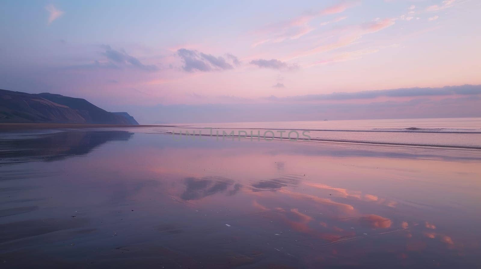 A beautiful sunset over a beach where the clouds are reflected in the calm waters, creating a stunning natural landscape with a fluid atmosphere AIG50