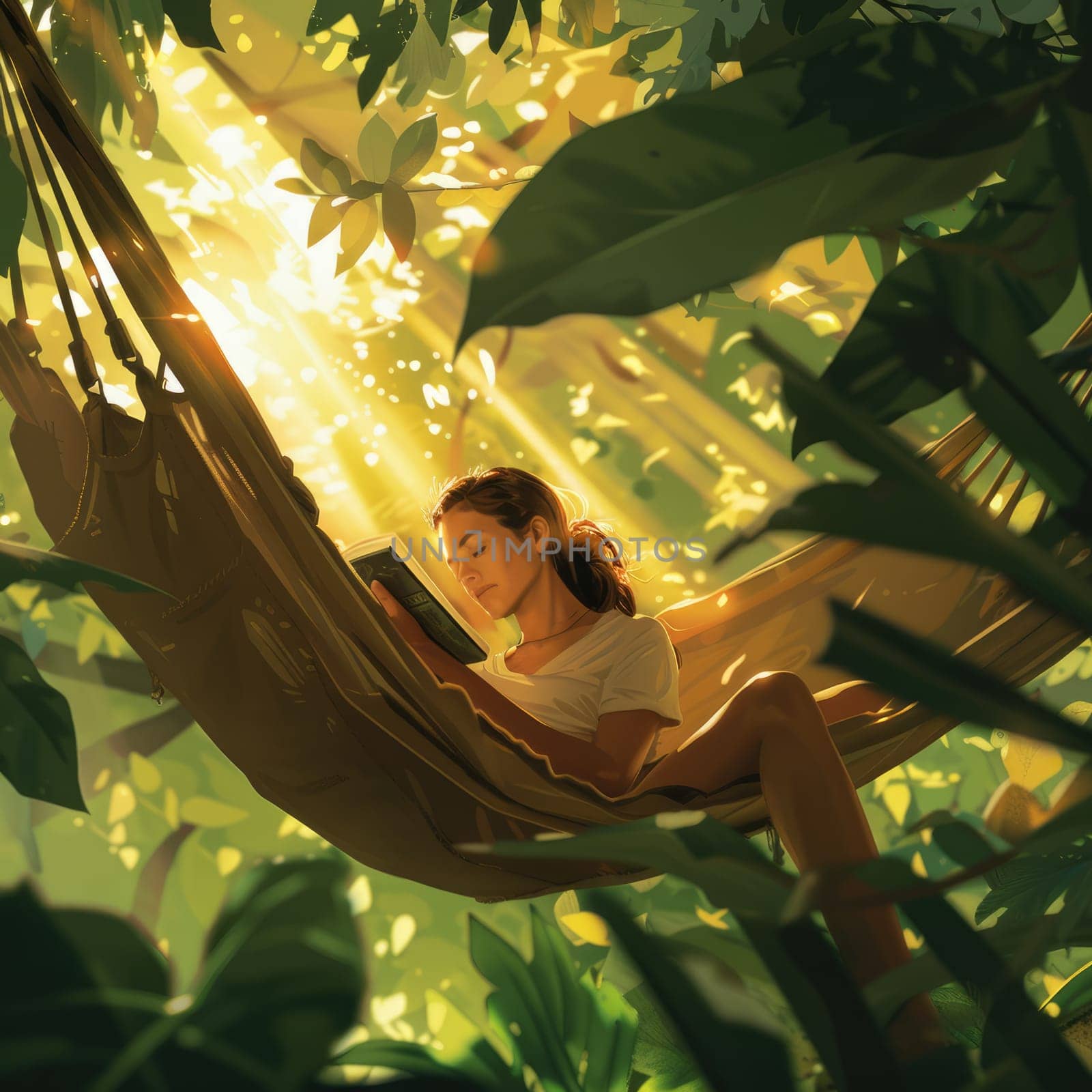 Relaxing in a hammock, surrounded by the tranquil landscape of trees and grass, a person enjoys leisurely reading a book under the shade of a terrestrial plant AIG50