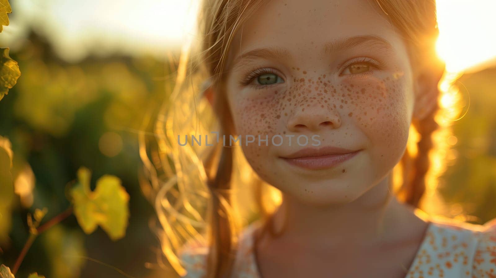 A happy girl with red Surfer hair and freckles is smiling at the camera, showcasing her freckled nose and jawline while her eyelashes stand out against her layered hair AIG50