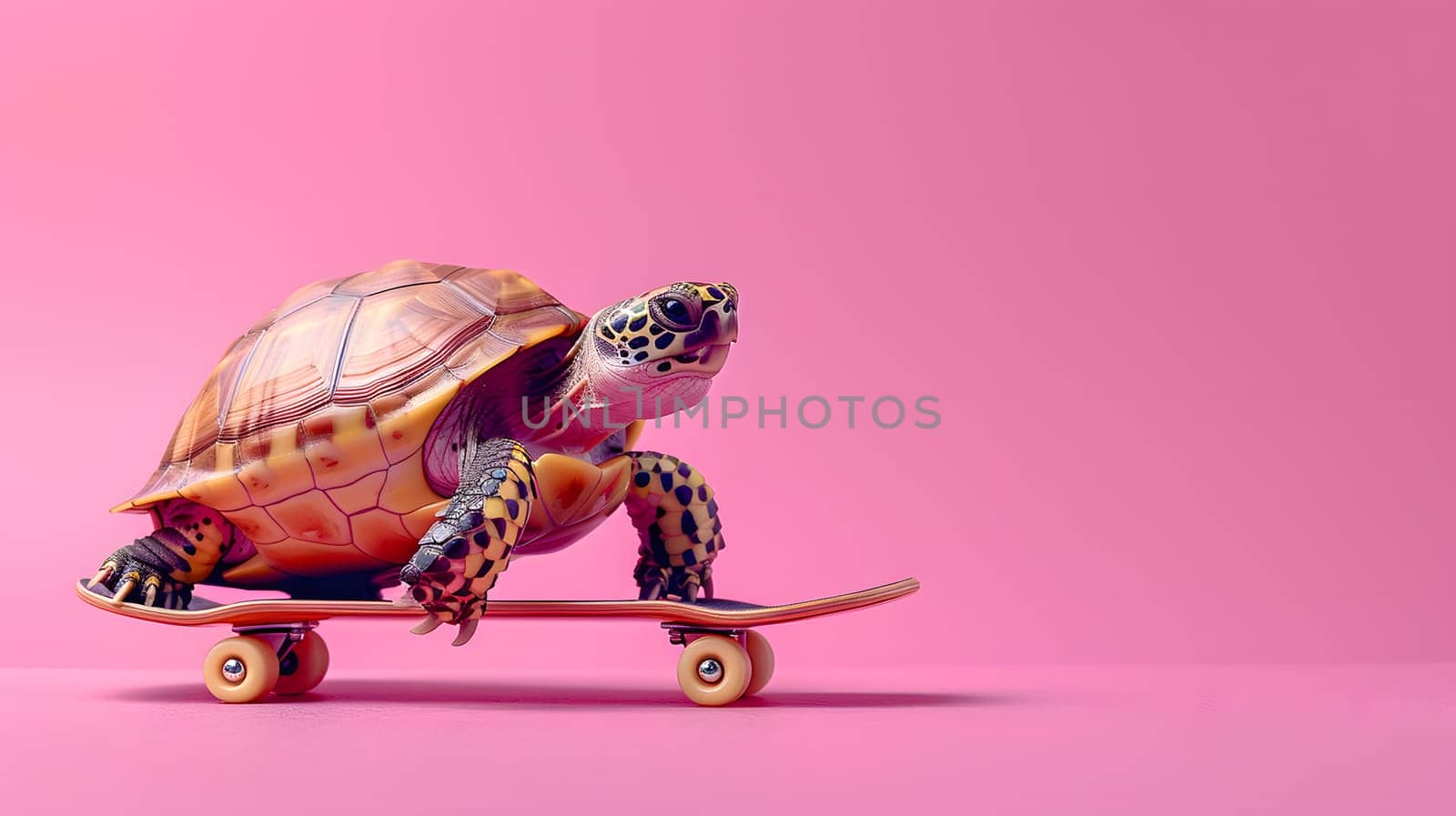 A tortoise is skateboarding on an asphalt surface at a magentathemed event. The macro photography captures the reptile rolling on wheels