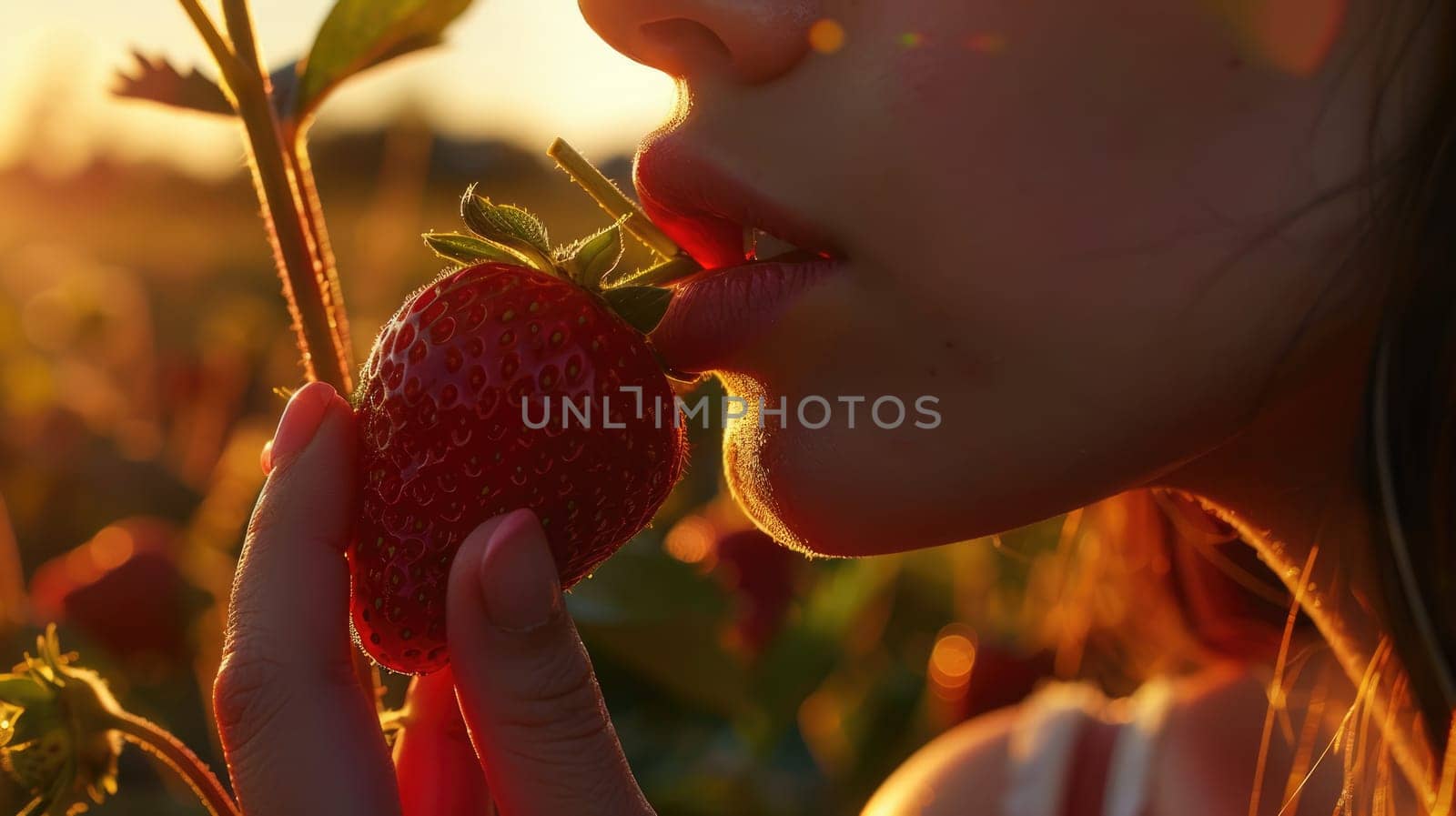 A woman happily eats a ripe strawberry under the blue sky, surrounded by flowers and plants. Her gesture shows her joy as she enjoys the sweet fruit AIG50
