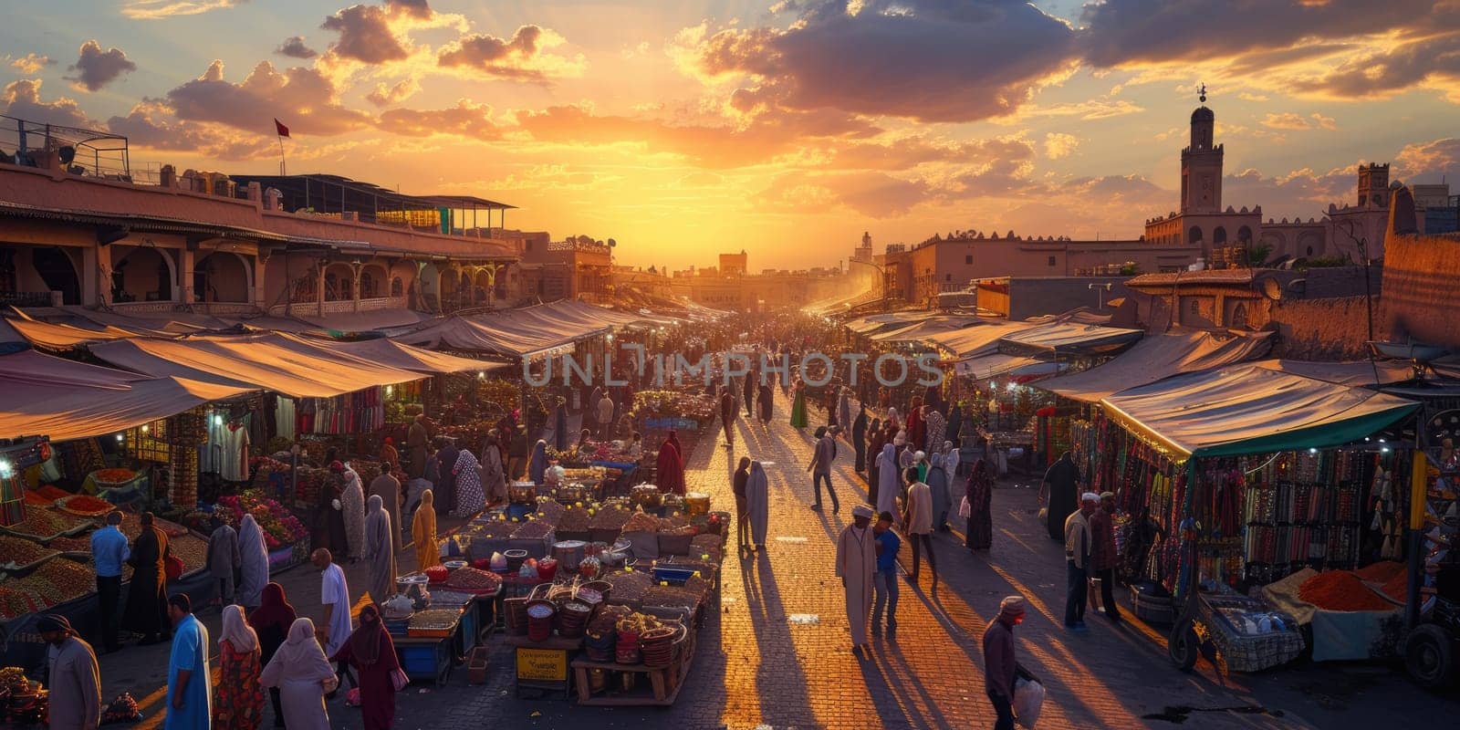 The warm glow of sunset bathes a traditional Moroccan market, where locals engage in commerce amid vibrant stalls and goods. Resplendent.