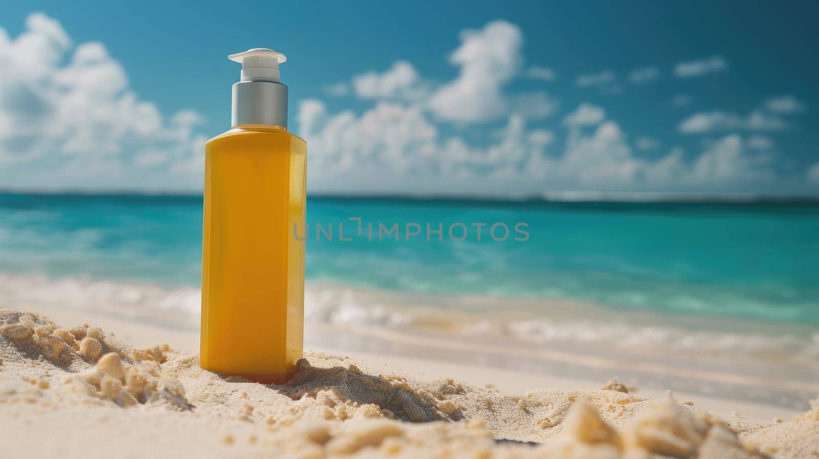 A bottle of perfume rests on the sandy beach as the sun sets over the tranquil water, casting a dreamy light on the fluid horizon and painting the sky with soft clouds AIG50