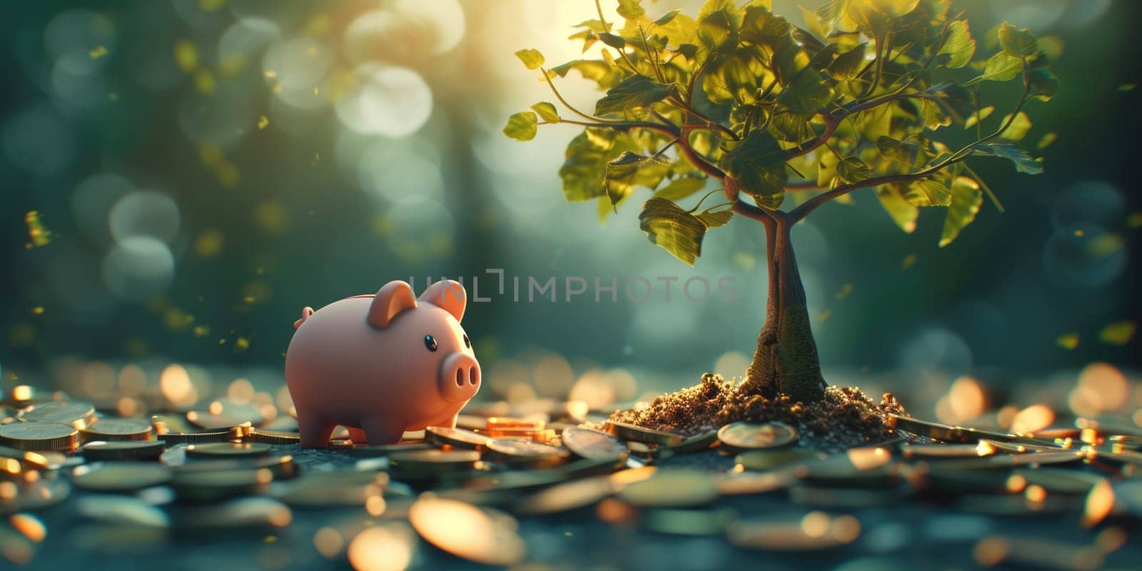 An image of little cute pink piggy bank placed near tree growing with coin scattering at the ground. Close up of piggy bank represented investment and financial advice. Saving money concept. AIG42.