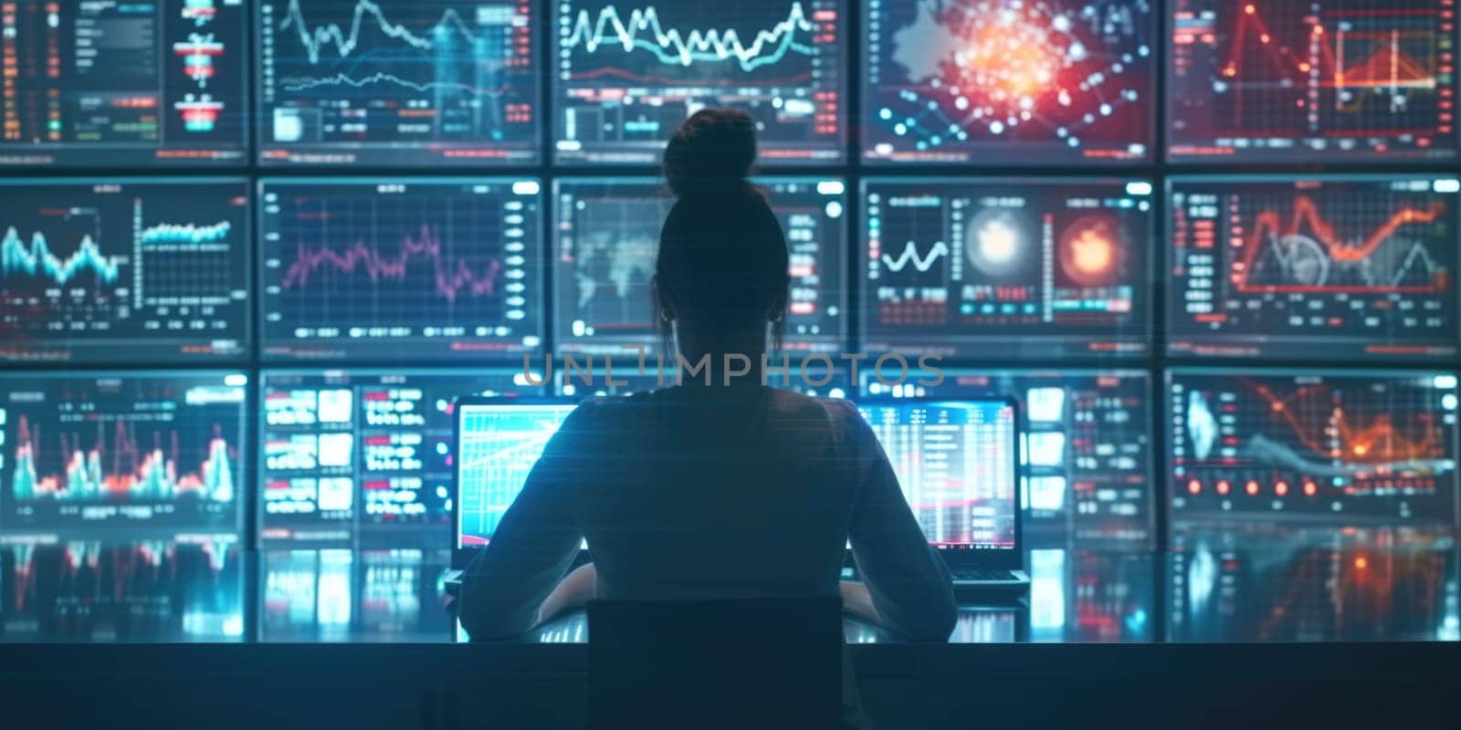 Back view of smart analyst looking at monitor display stock market statistic chart or financial graph. Professional businessman making decision for investment while planning marketing strategy. AIG42.