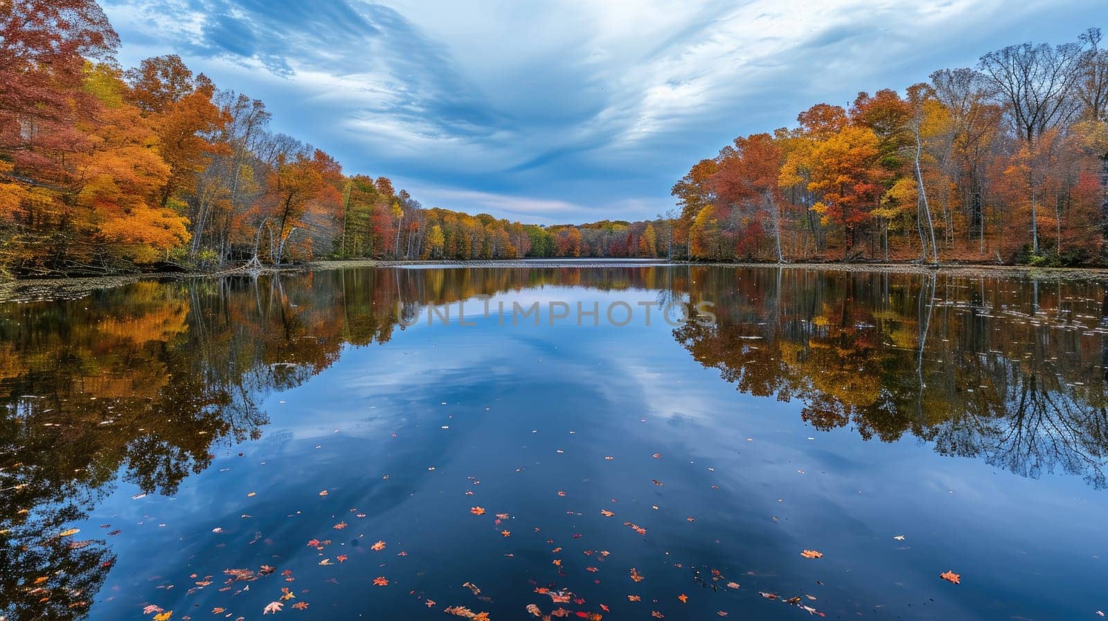 Vibrant fall foliage reflects on the still waters of a forest lake, creating a tapestry of autumn colors in a tranquil natural setting. Resplendent.