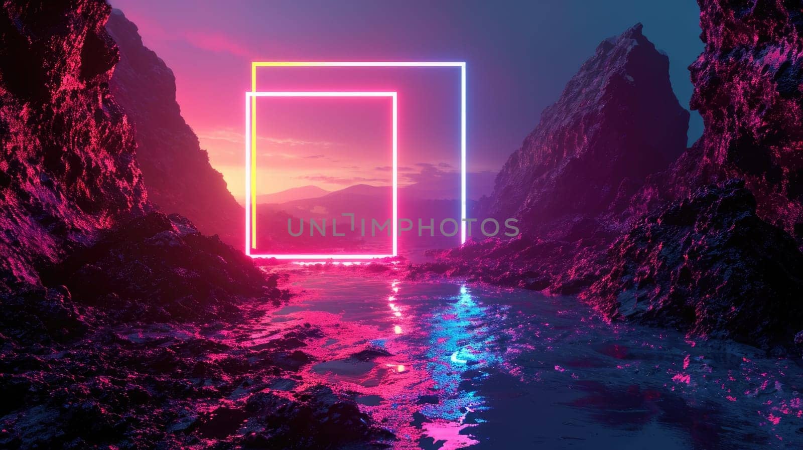 The great pink floating square beyond the river that surrounded with a lot amount of the tall mountains at the dawn or dusk time of the day that shine light to the every part of the picture. AIGX03.