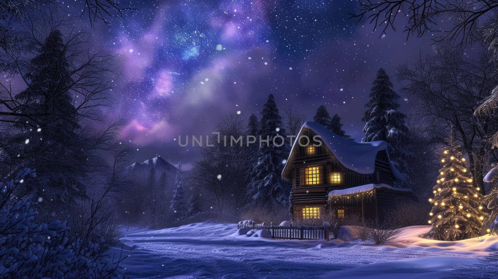 A cozy cabin nestles in a snow-laden landscape, with the mesmerizing Northern Lights dancing in the sky above the towering mountains. Resplendent.