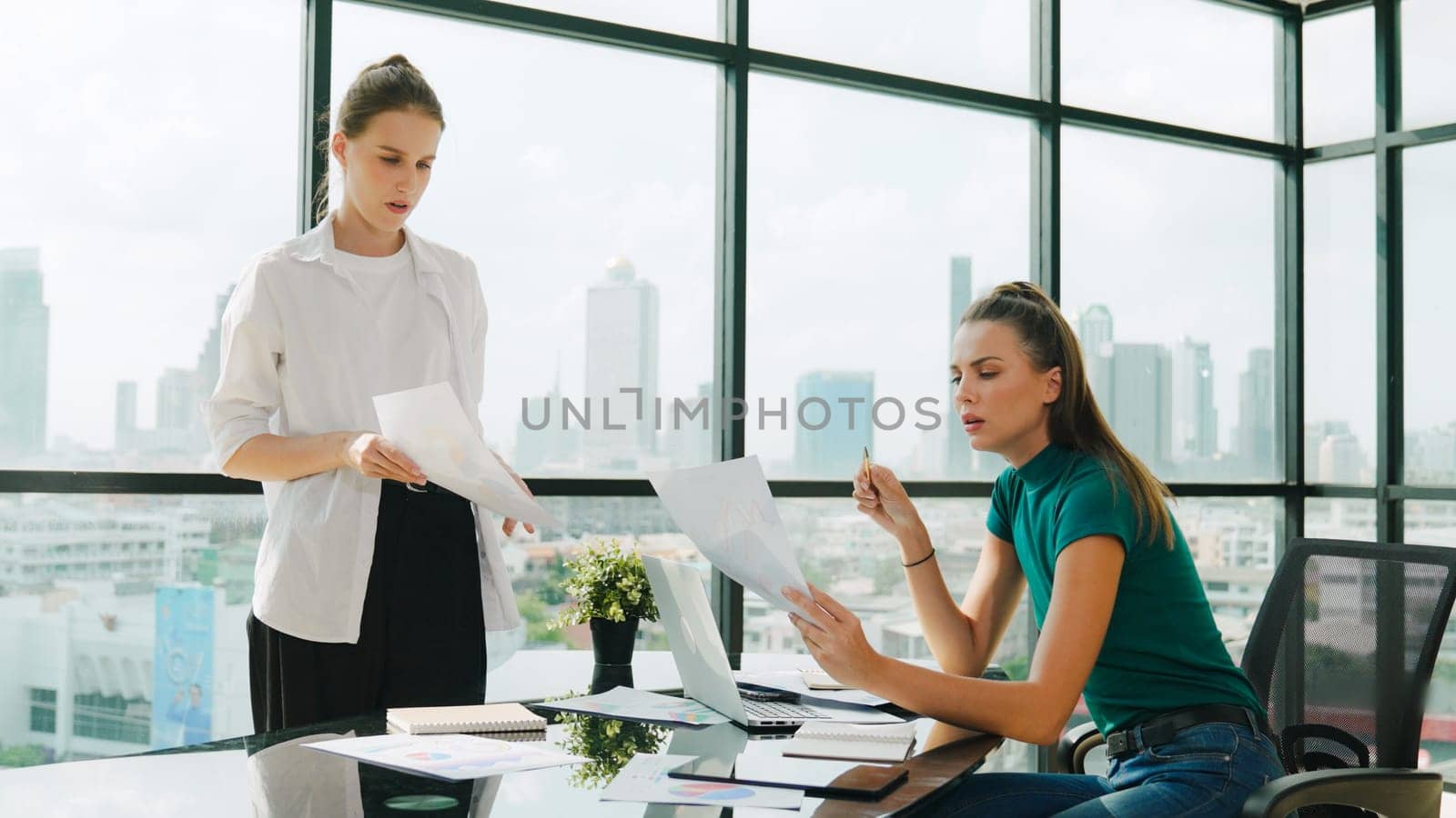 Smart businesswoman present start up project while executive manager listen carefully. Professional business team working together, sharing, discussing, thinking about business idea. Tracery