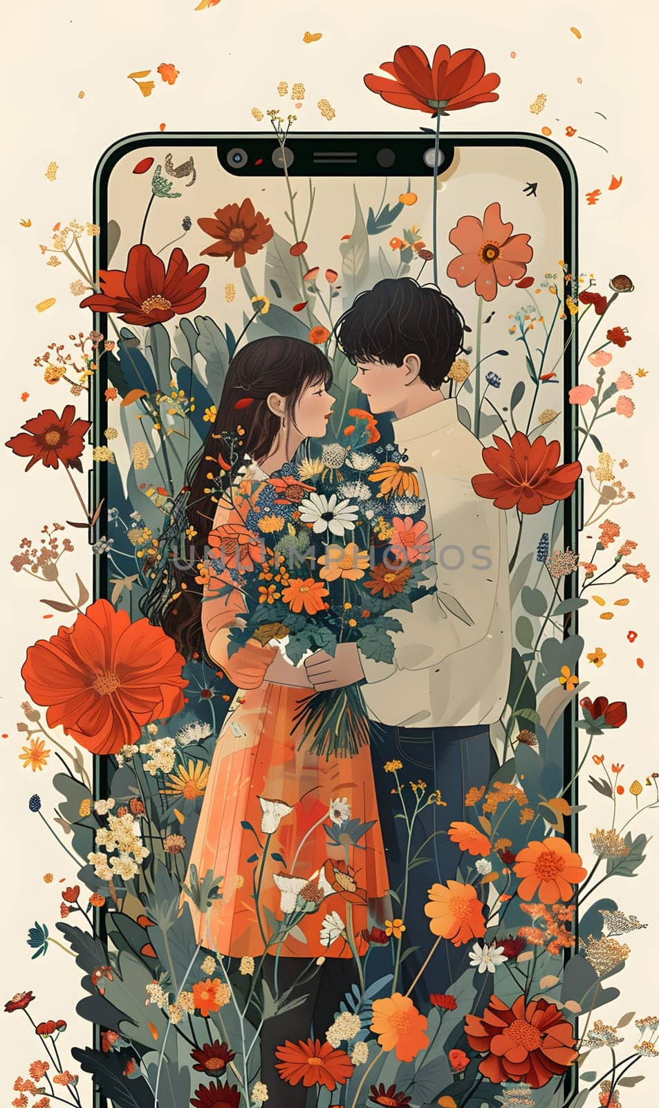 A man and a woman embrace in front of a cell phone, surrounded by flowers, showcasing a creative arts product. Petalfilled sleeves add to the flower arranging rectangle, creating a happy moment