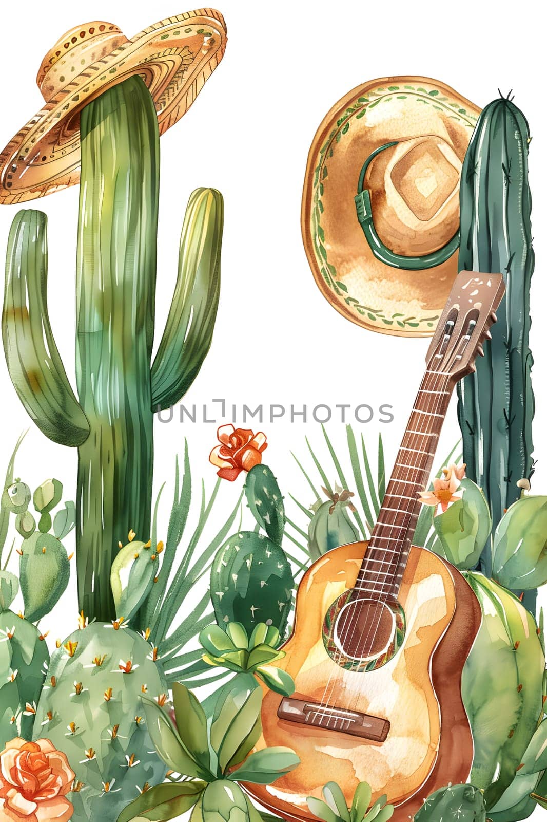 A musical instrument, the guitar, is depicted in a painting surrounded by a sombrero and cactus. The green terrestrial plant adds a touch of botany to the artwork