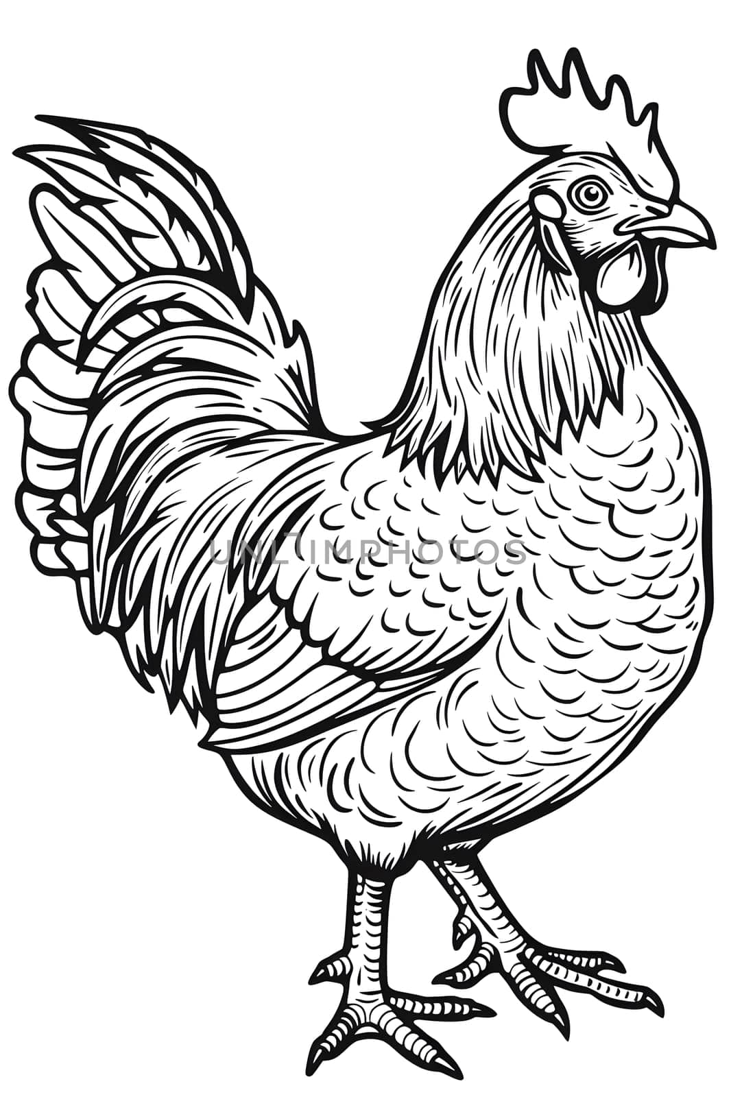 A monochromatic illustration of a crowned rooster, a bird from the Phasianidae family of Galliformes. Its distinctive comb, beak, and adaptions for poultry breeding are evident in the drawing