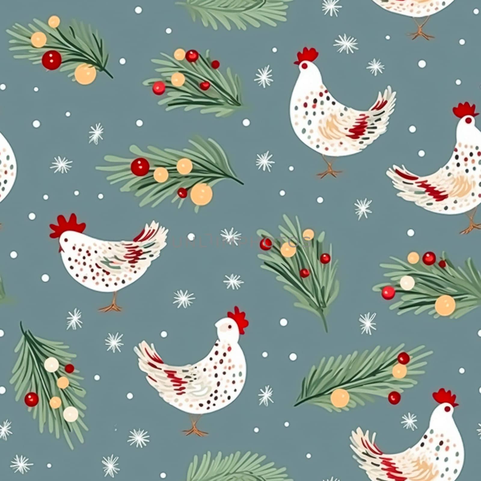Christmas seamless pattern, tileable holiday English country chicken bird print for wallpaper, wrapping paper, scrapbook, fabric and product design by Anneleven