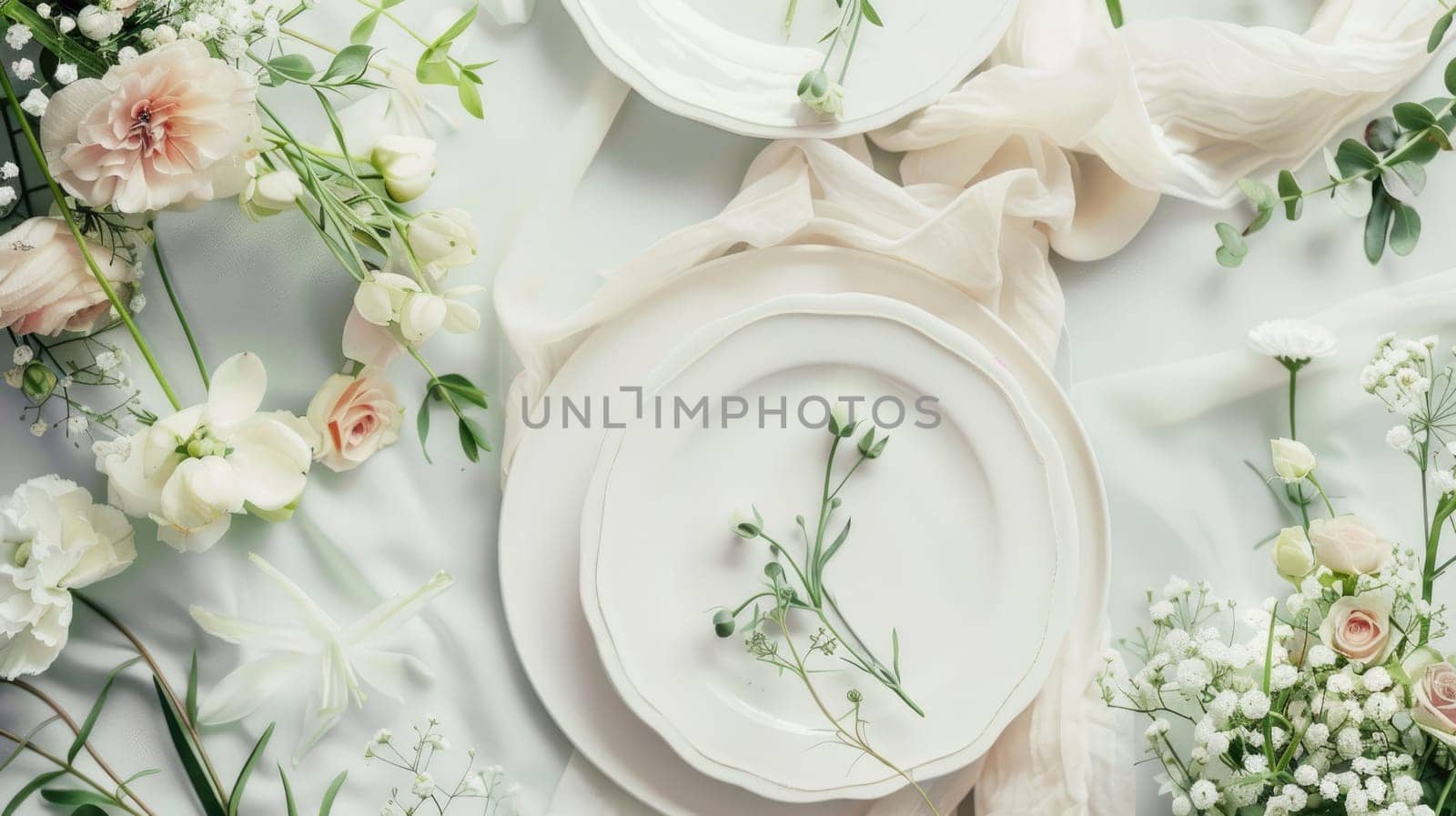 A beautifully arranged table featuring plates, silverware, and a stunning centerpiece of flowers including roses. The peachcolored petals add a touch of elegance to the creative arts display AIG50