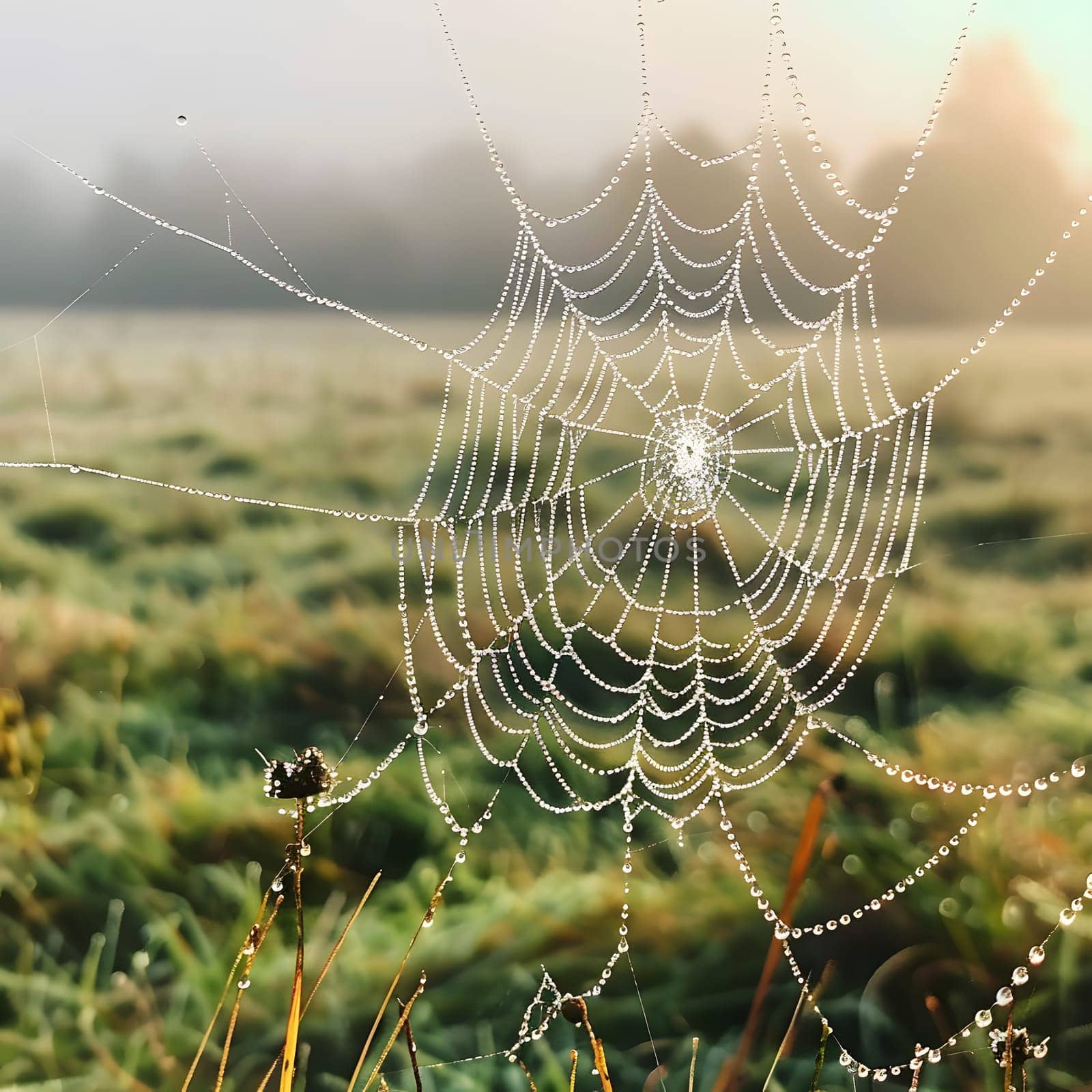 A closeup of a spider web with water drops on it in a field, showcasing the beauty of natural materials and the intricate art of macro photography in the terrestrial plant environment
