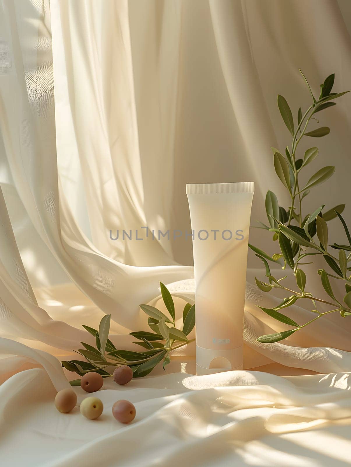 A couple of bottles and a cup sit on a table adorned with a tablecloth, next to a window with a view of flowers in a flower arranging vase