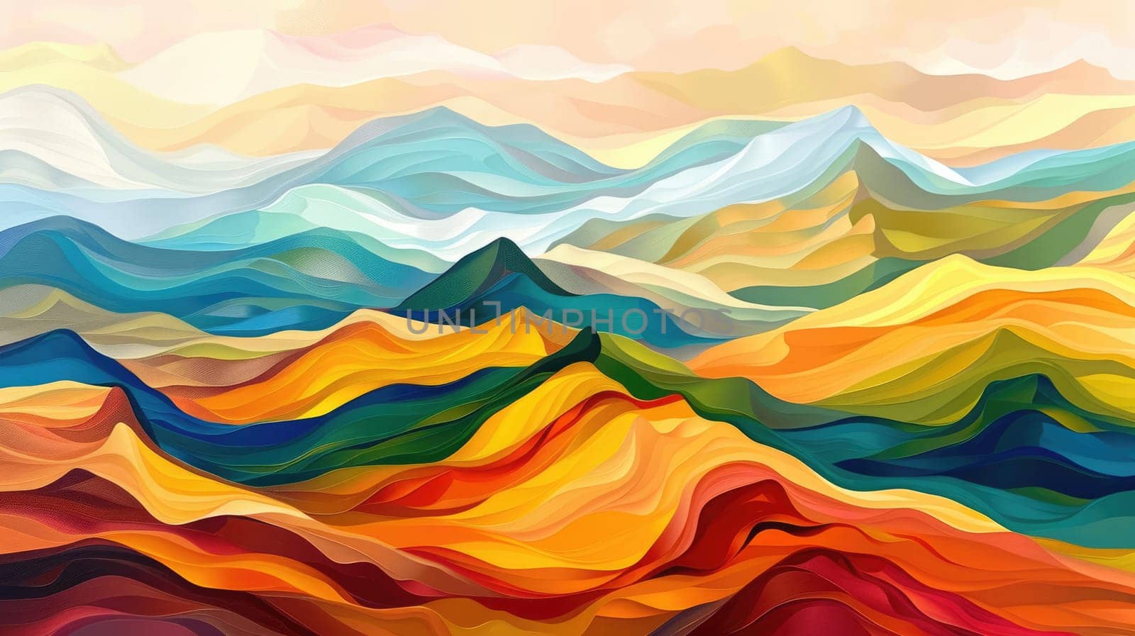 A vibrant painting of a mountain range with the sun shining through the orangetinted mountains, showcasing creative use of tints and shades and triangular shapes AIG50