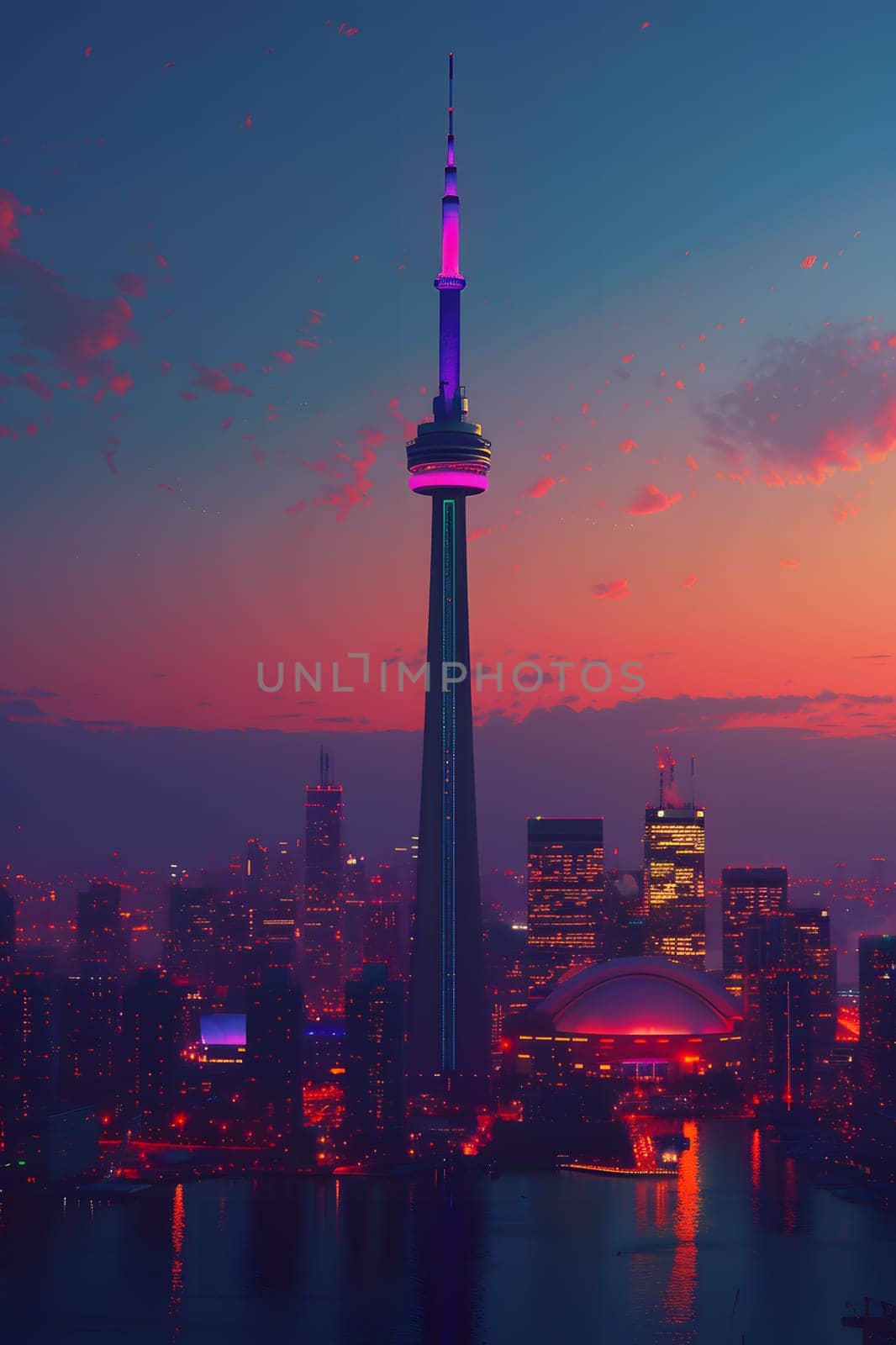 Toronto skyline at sunset with CN Tower in foreground, purple sky and clouds by Nadtochiy