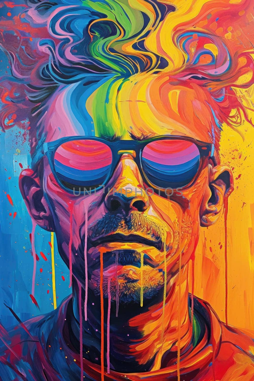 The comic colourful picture of the short hair male adult human head and has been wearing sunglasses with straight face yet picture fill with various colour that make picture fill with emotion. AIGX01.