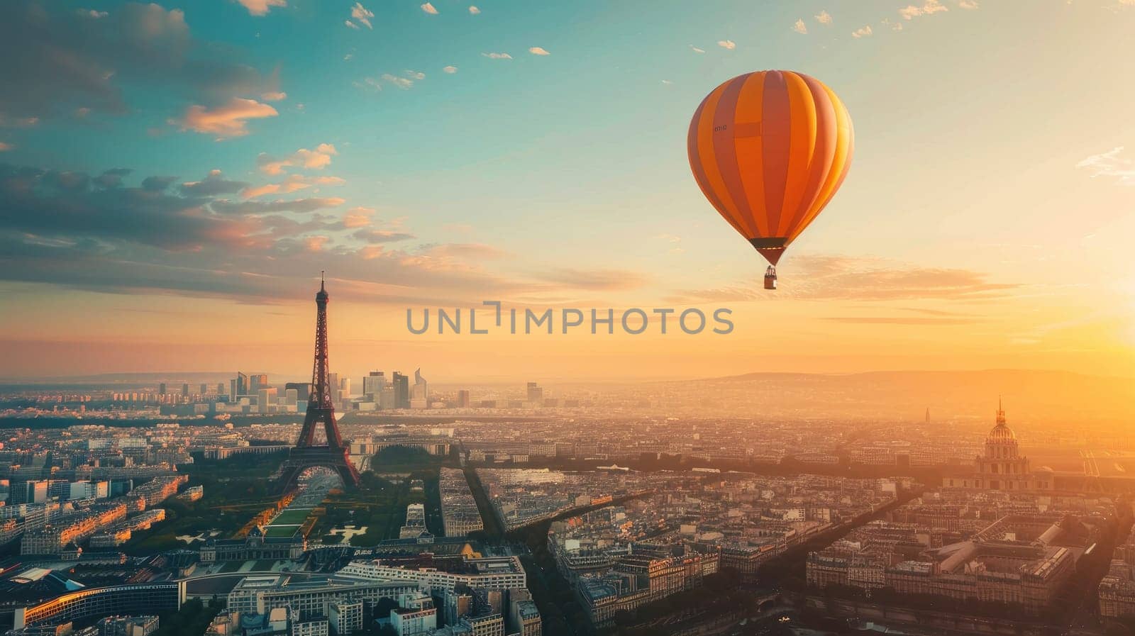 Hot air balloon floating over cityscape, Paris, with copy space area. by Chawagen