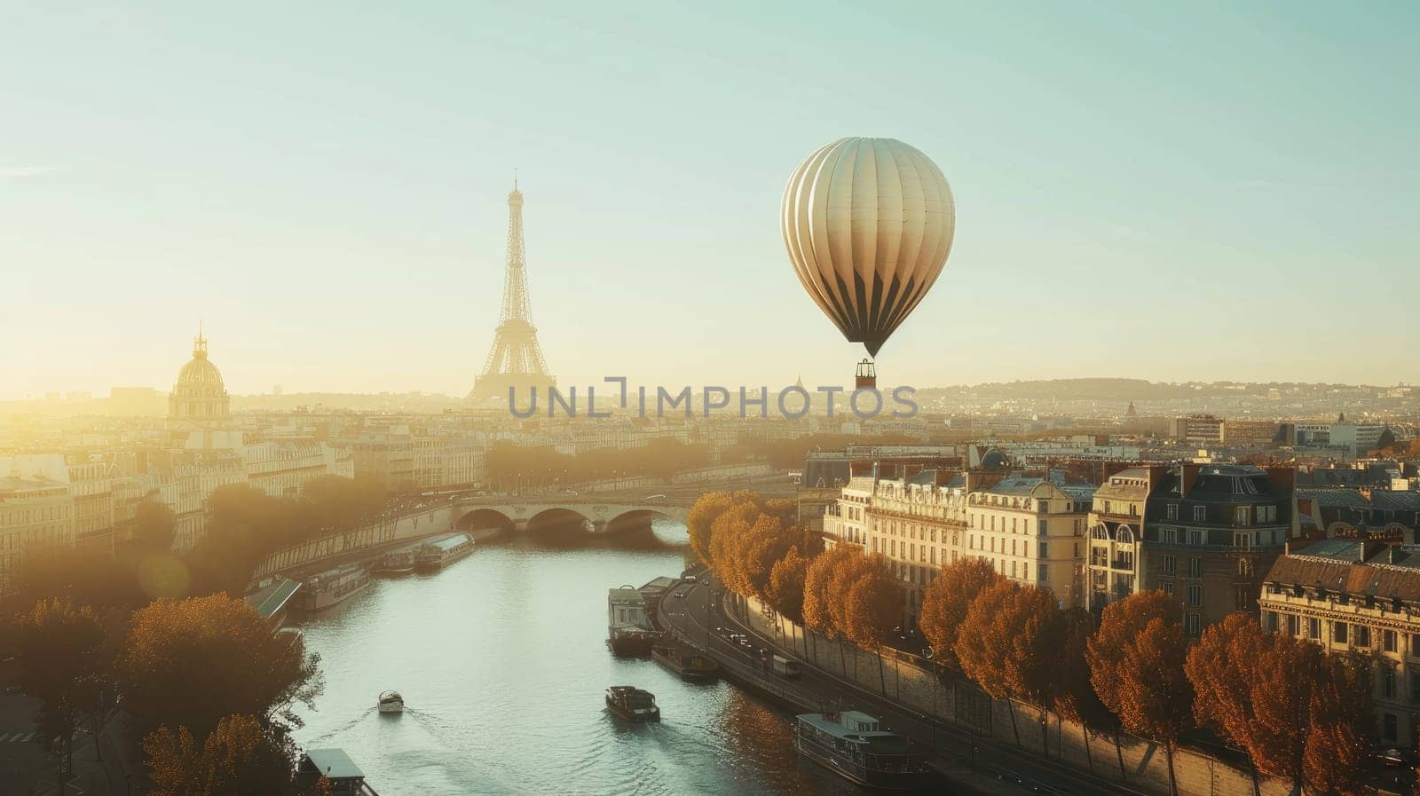 Hot air balloon floating over cityscape, Paris, with copy space area