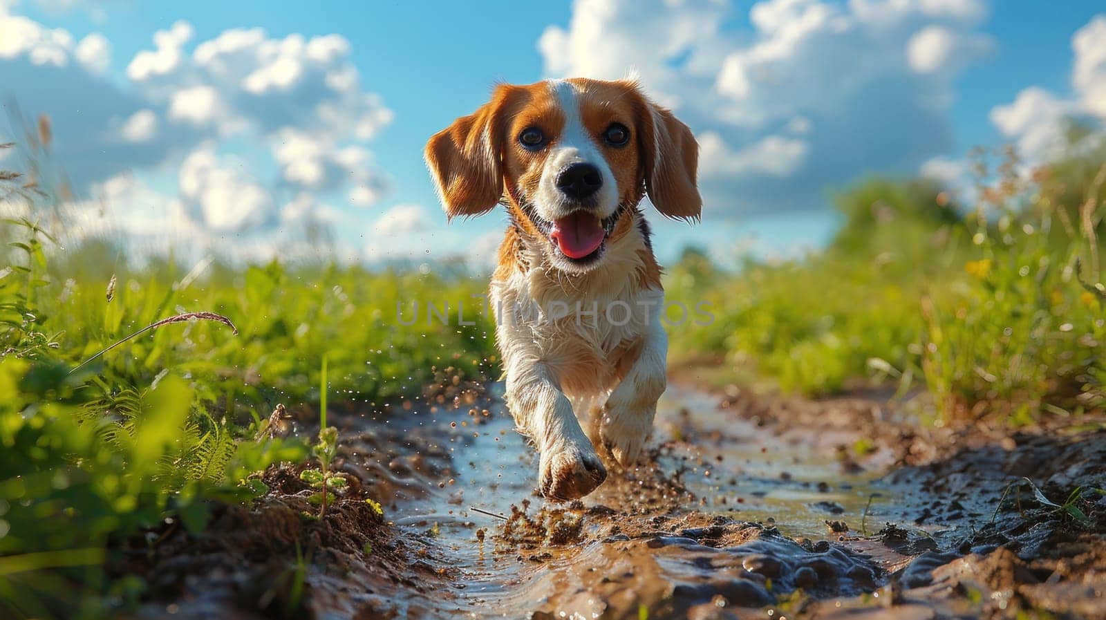 A dog is running through mud and water, with its tongue out by golfmerrymaker