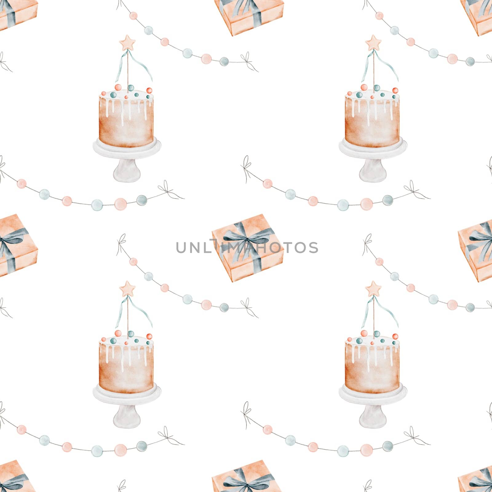 Birthday pattern watercolor. Seamless holiday illustration with cake and gift boxes, garlands. Ideal for holiday decoration, baby shower, printing on children's textiles. High quality illustration