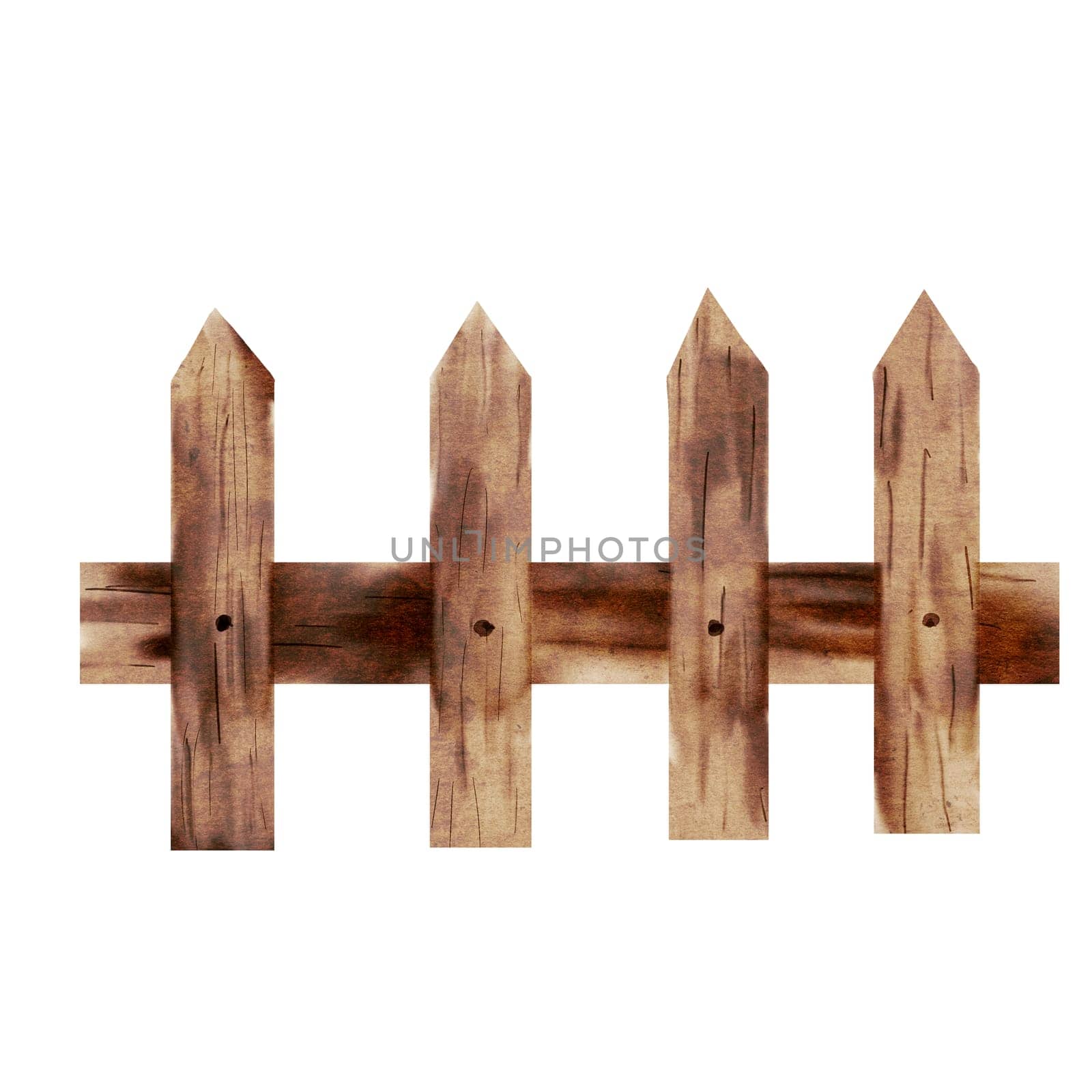 Wooden fence watercolor. Hand drawn picket fence isolated on white background. Rustic style clip art. For design of postcards, posters cards for garden shops. High quality illustration